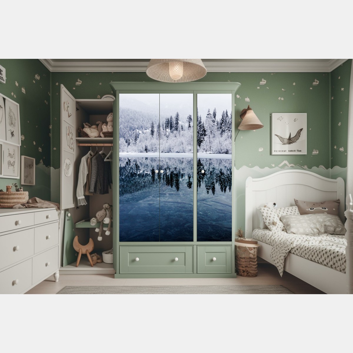 Naklejka na szafę zimowe jezioro z odbiciem w śnieżnym lesie – Wallissimo® Naklejka na szafę zimowe jezioro z odbiciem w śnieżnym lesie – Wallissimo®
