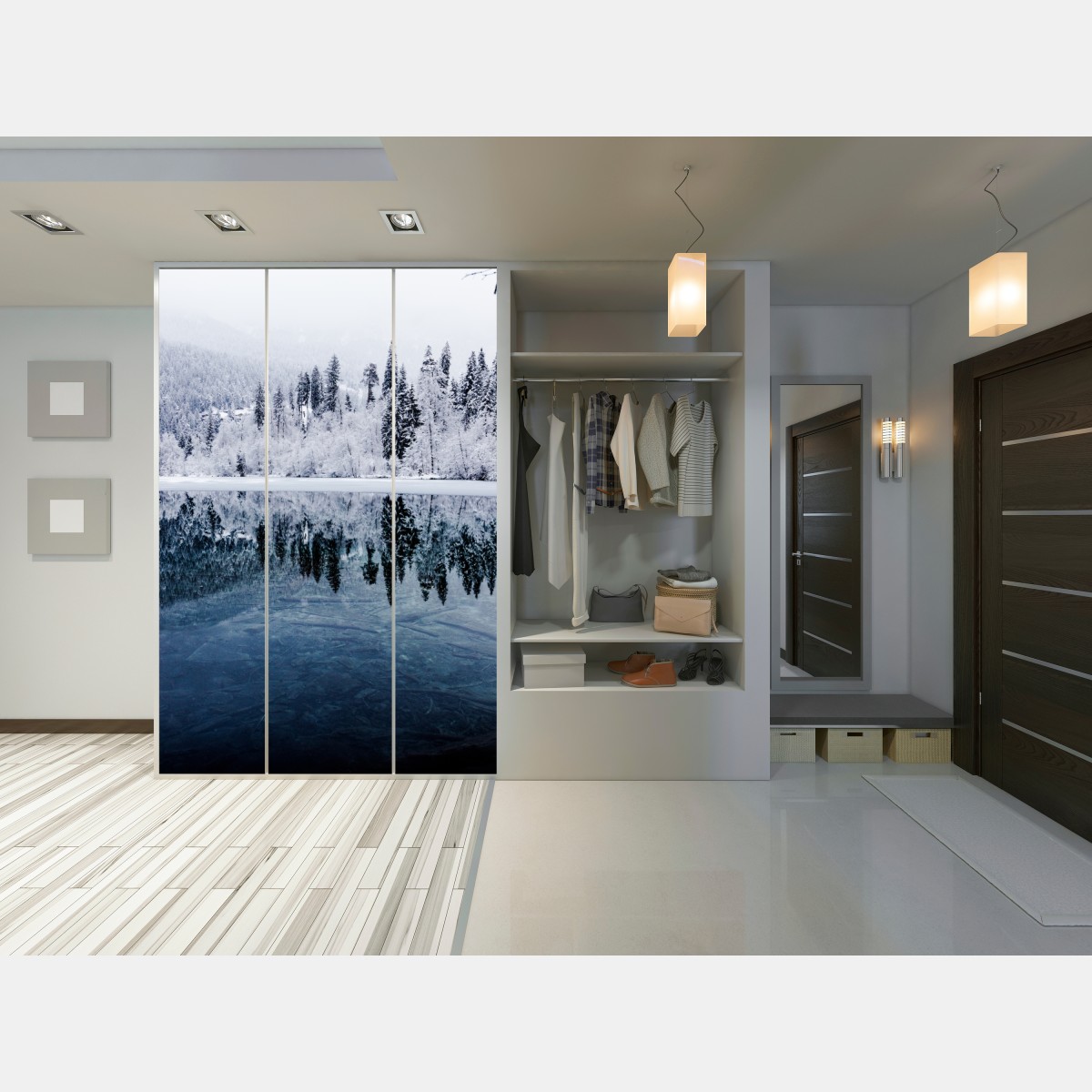 Naklejka na szafę zimowe jezioro z odbiciem w śnieżnym lesie – Wallissimo® Naklejka na szafę zimowe jezioro z odbiciem w śnieżnym lesie – Wallissimo®