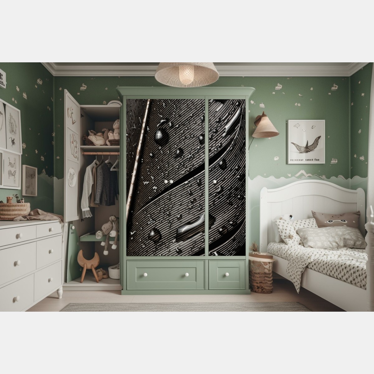 Naklejka na szafę czarno-białe pióro z kroplami wody – Wallissimo® Naklejka na szafę czarno-białe pióro z kroplami wody – Wallissimo®