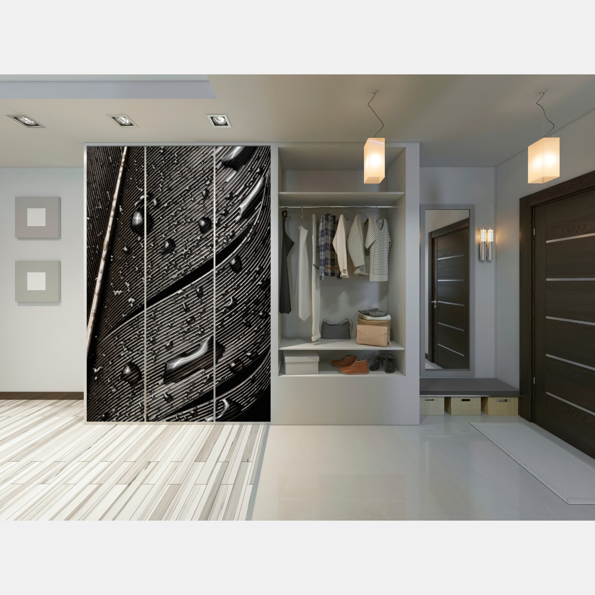 Naklejka na szafę czarno-białe pióro z kroplami wody – Wallissimo® Naklejka na szafę czarno-białe pióro z kroplami wody – Wallissimo®