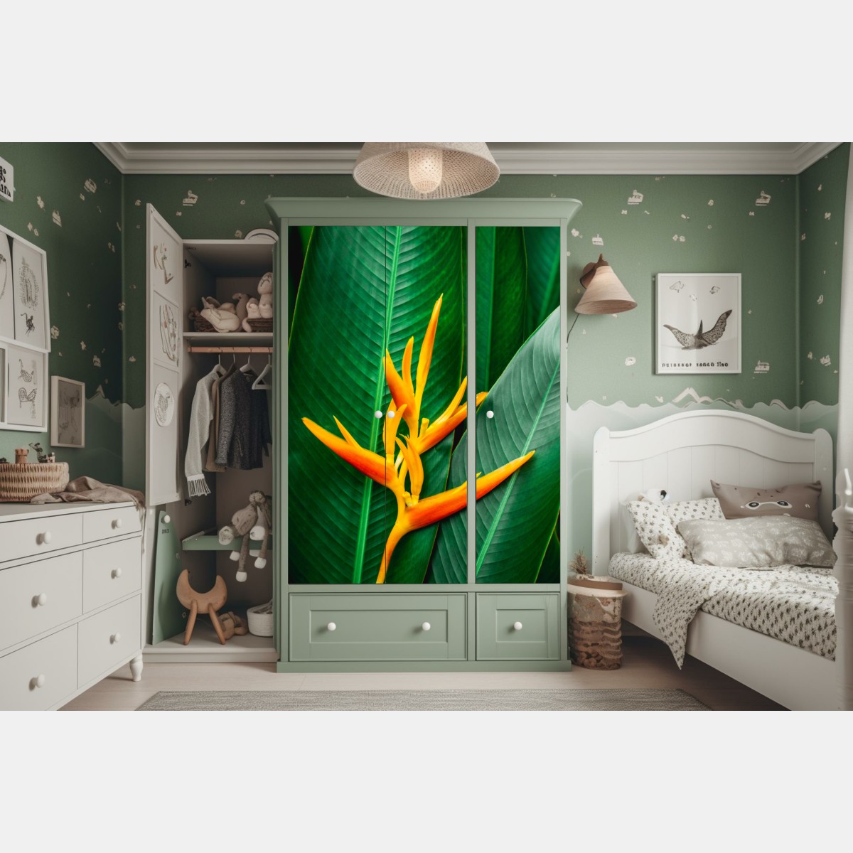 Naklejka na szafę żywa heliconia na zielonych liściach – Wallissimo® Naklejka na szafę żywa heliconia na zielonych liściach – Wallissimo®