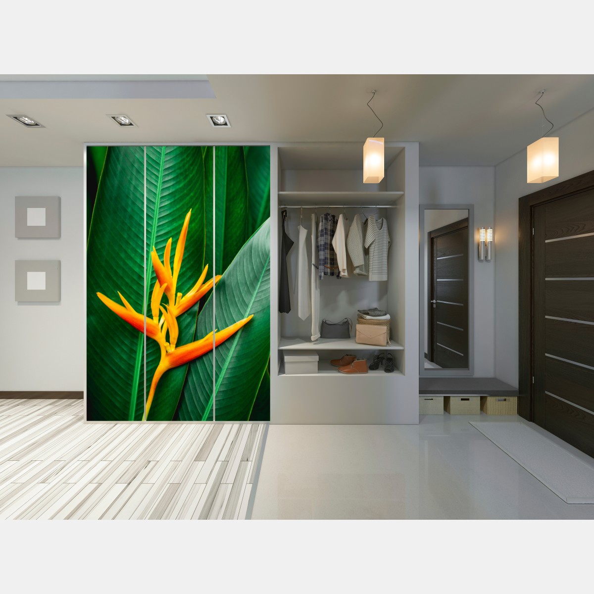 Naklejka na szafę żywa heliconia na zielonych liściach – Wallissimo® Naklejka na szafę żywa heliconia na zielonych liściach – Wallissimo®