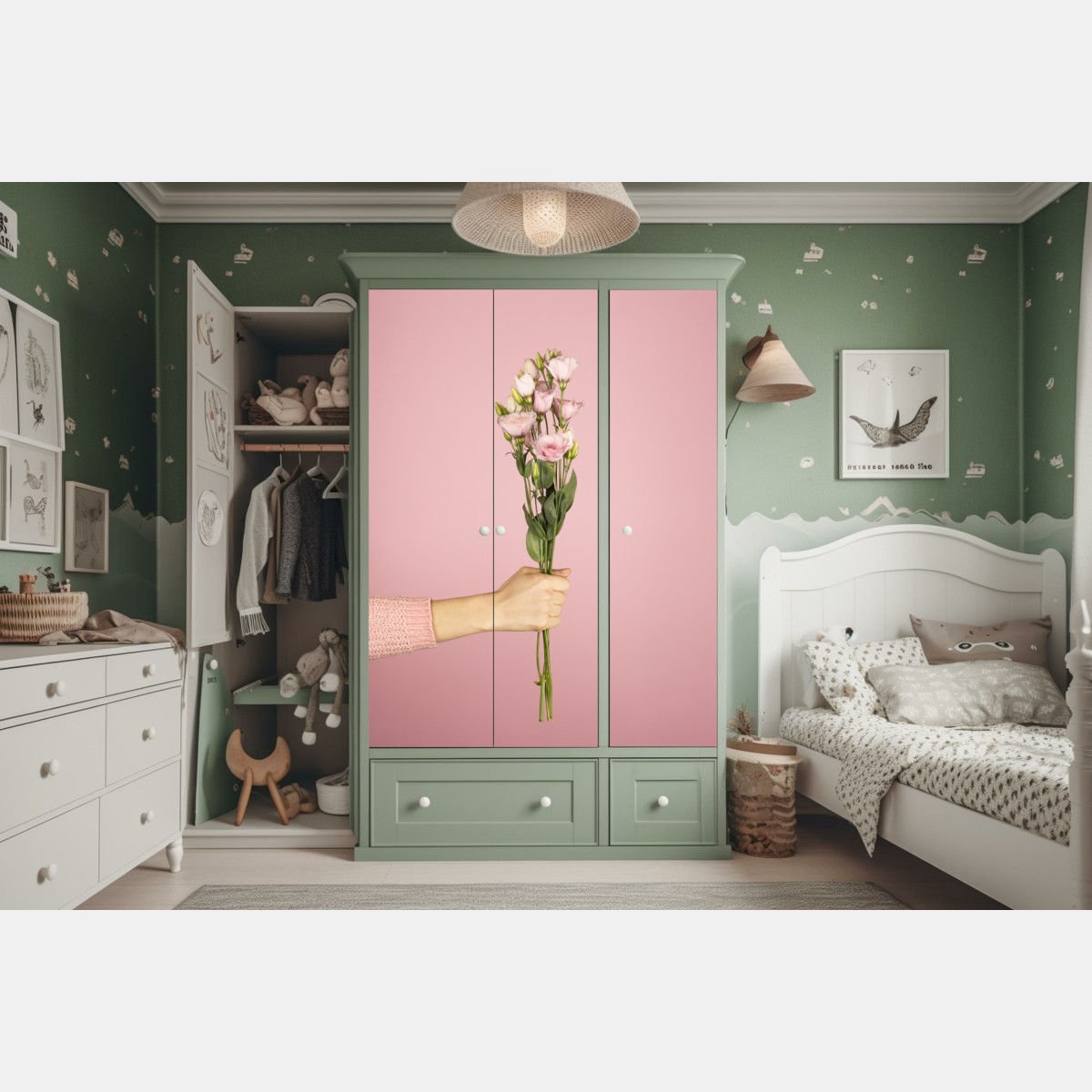 Naklejka na szafę delikatny różowy bukiet eustomy – Wallissimo® Naklejka na szafę delikatny różowy bukiet eustomy – Wallissimo®