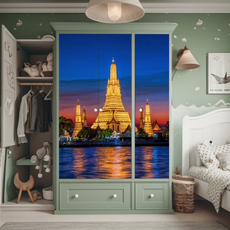 Naklejka na szafę złote Wat Arun o zmierzchu – Wallissimo® Naklejka na szafę złote Wat Arun o zmierzchu – Wallissimo®