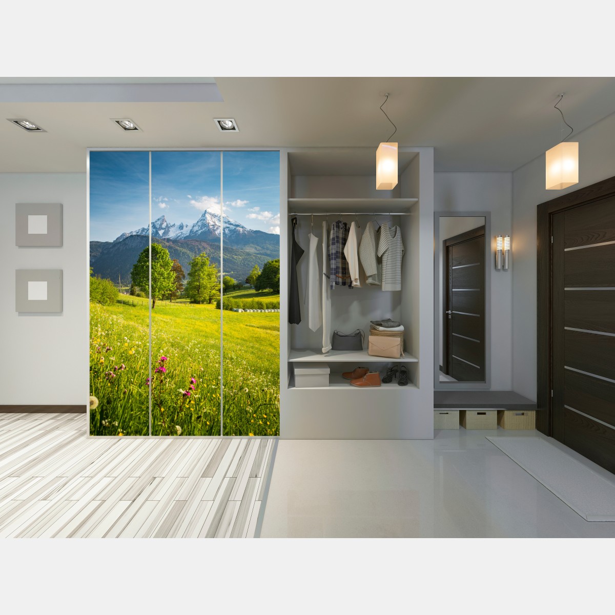 Naklejka na szafę alpejska wiosenna łąka pod śnieżnymi szczytami – Wallissimo® Naklejka na szafę alpejska wiosenna łąka pod śnieżnymi szczytami – Wallissimo®