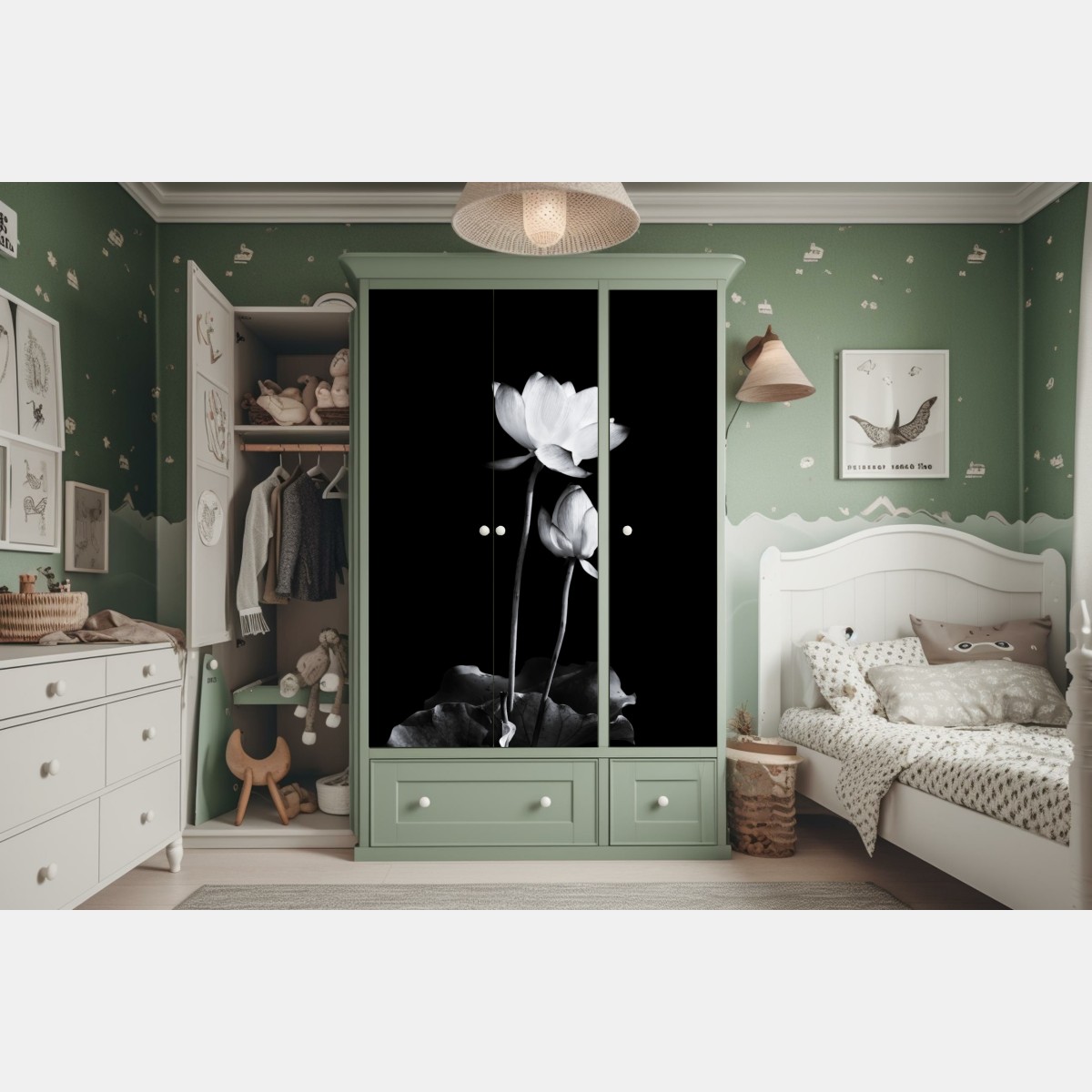 Naklejka na szafę biały lotos w monochromie – Wallissimo® Naklejka na szafę biały lotos w monochromie – Wallissimo®