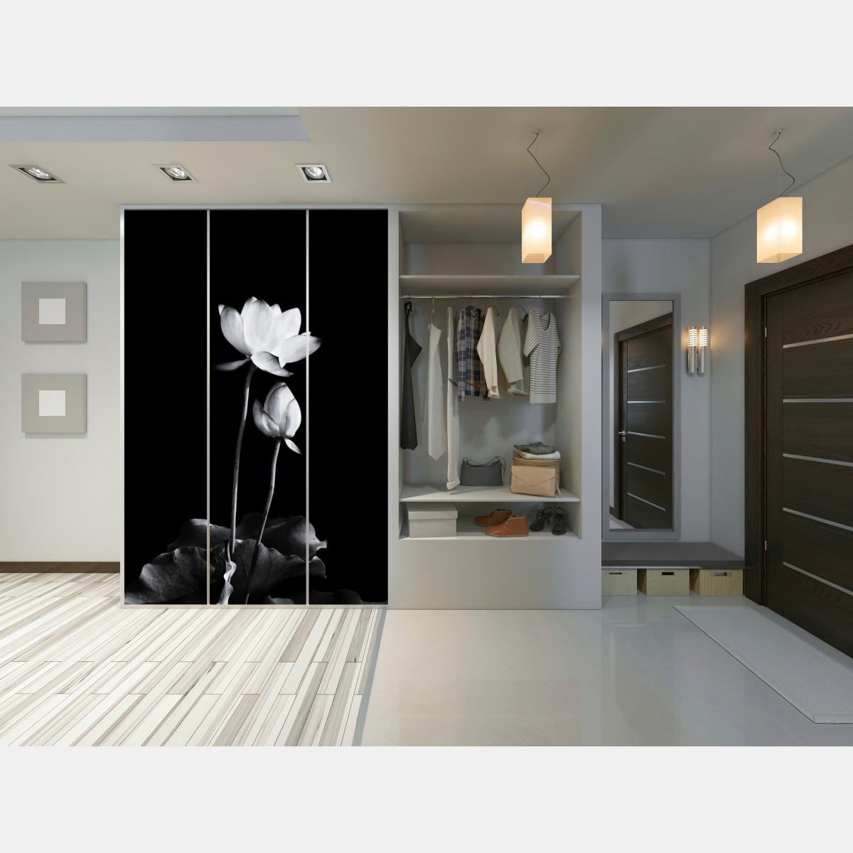 Naklejka na szafę biały lotos w monochromie – Wallissimo® Naklejka na szafę biały lotos w monochromie – Wallissimo®