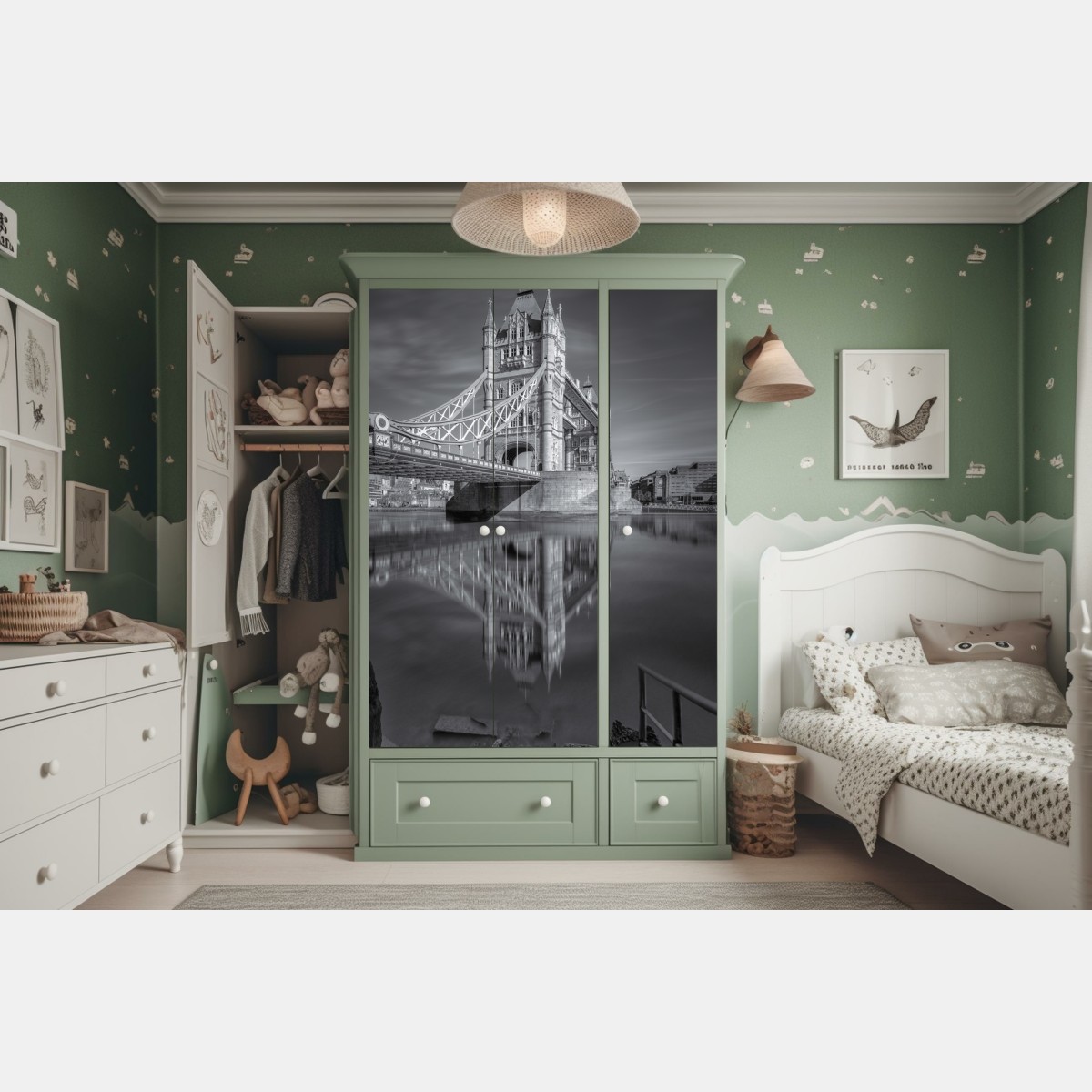 Naklejka na szafę Tower Bridge odbicie w odcieniach szarości – Wallissimo® Naklejka na szafę Tower Bridge odbicie w odcieniach szarości – Wallissimo®