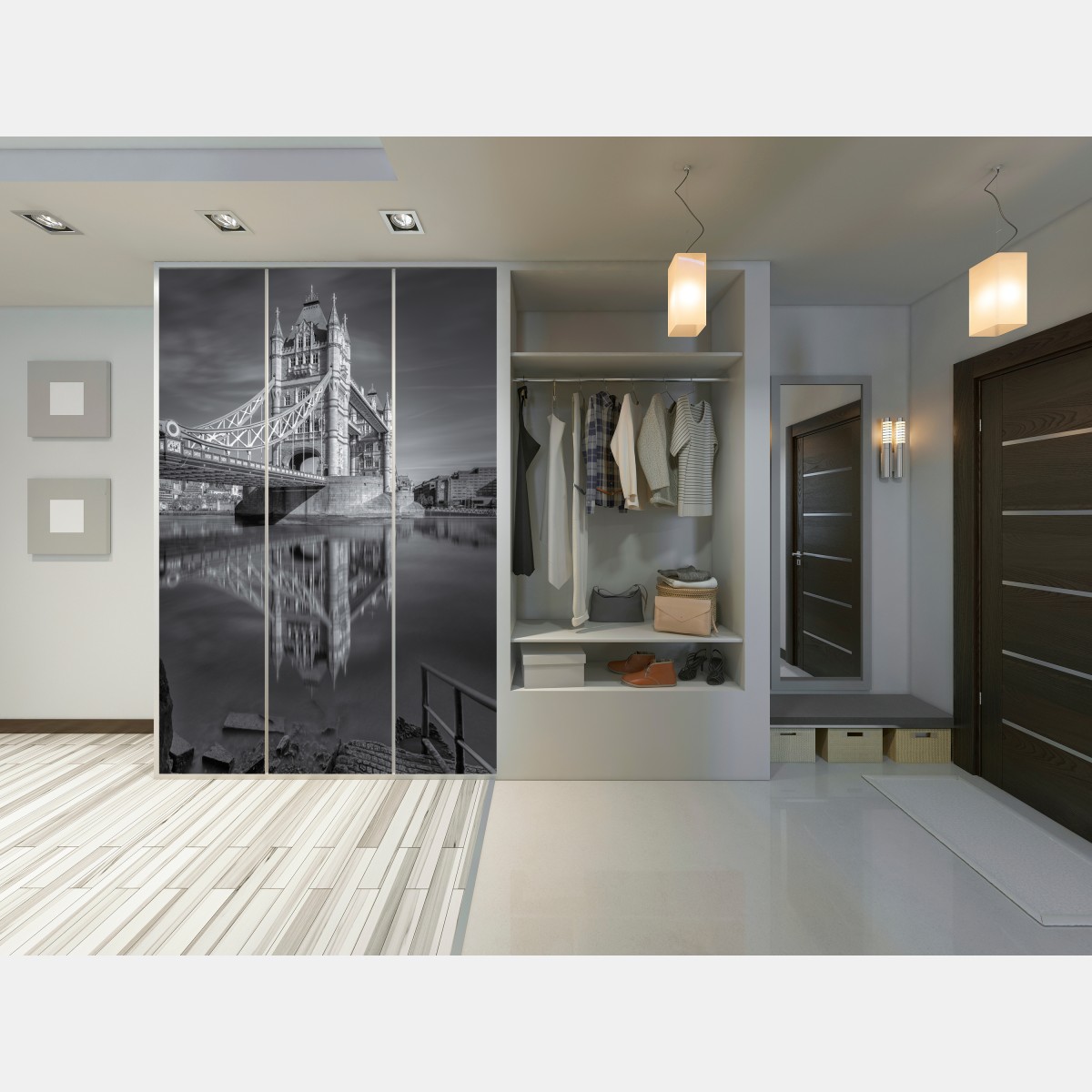 Naklejka na szafę Tower Bridge odbicie w odcieniach szarości – Wallissimo® Naklejka na szafę Tower Bridge odbicie w odcieniach szarości – Wallissimo®