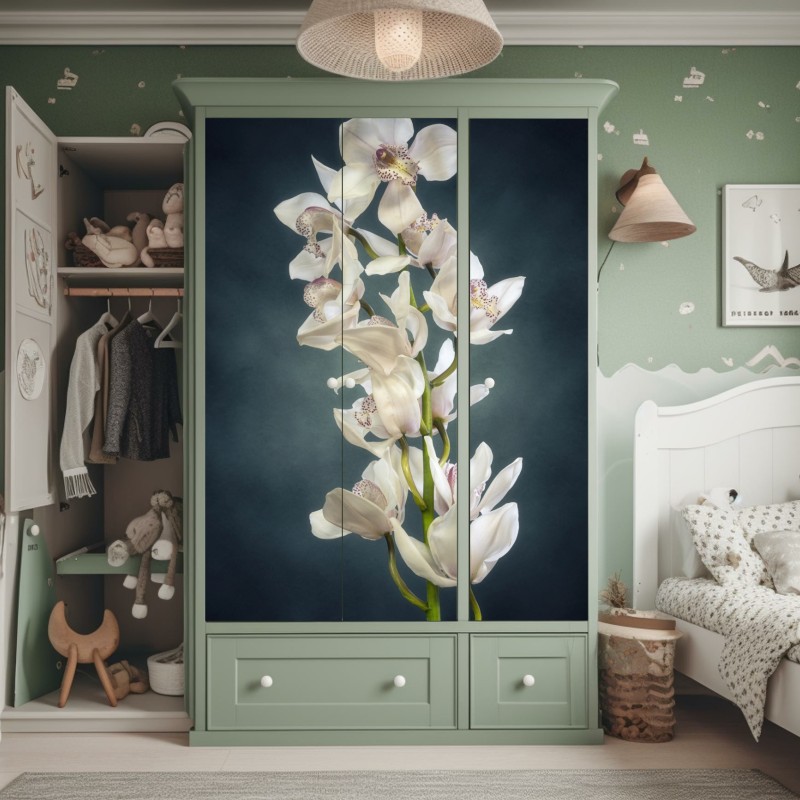Naklejka na szafę delikatne białe storczyki na stonowanym tle – Wallissimo® Naklejka na szafę delikatne białe storczyki na stonowanym tle – Wallissimo®