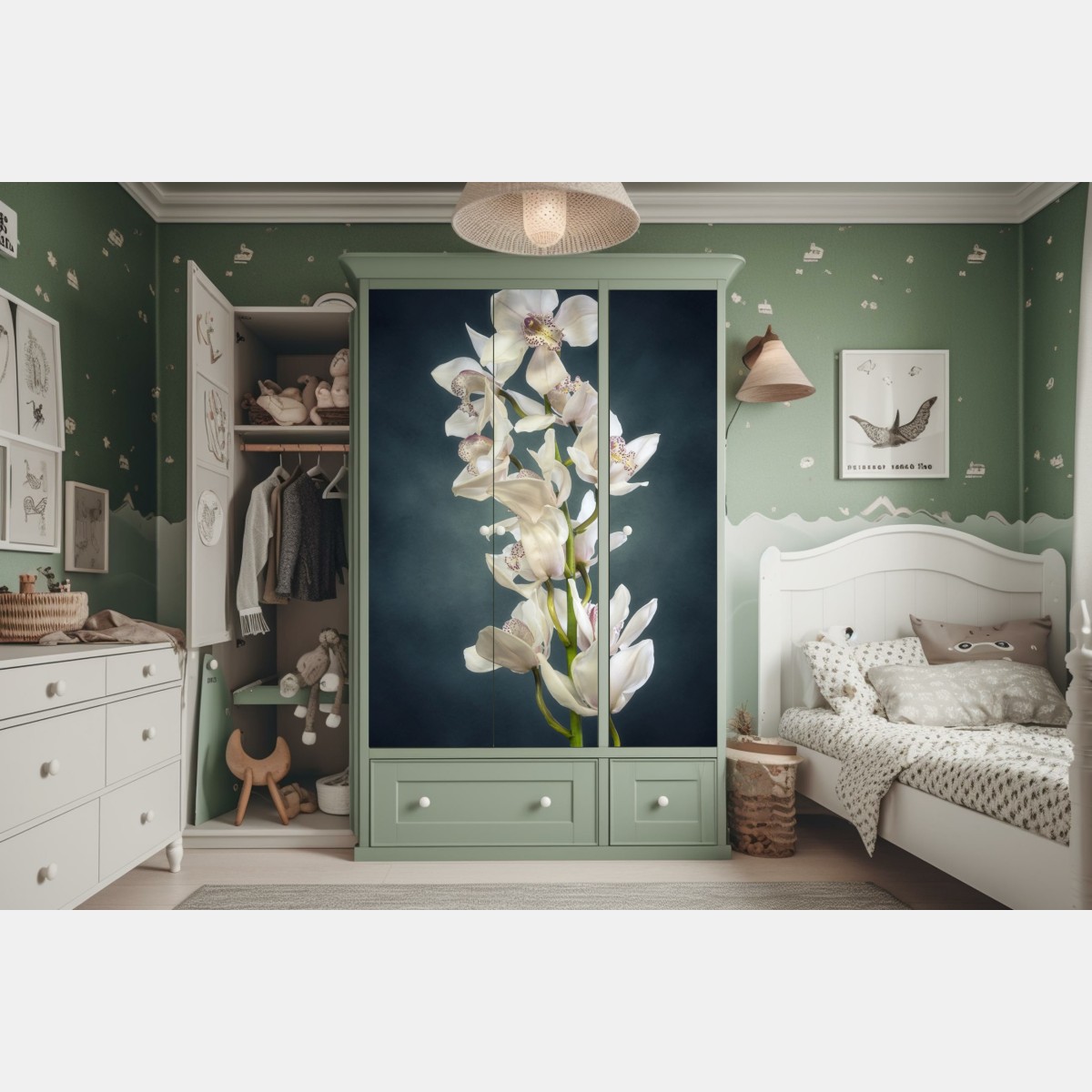 Naklejka na szafę delikatne białe storczyki na stonowanym tle – Wallissimo® Naklejka na szafę delikatne białe storczyki na stonowanym tle – Wallissimo®