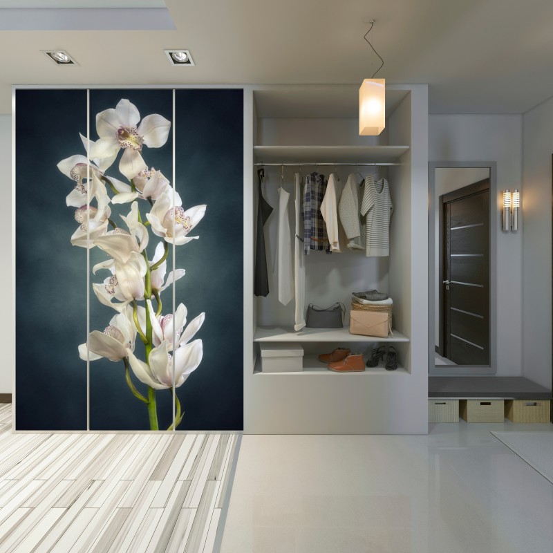 Naklejka na szafę delikatne białe storczyki na stonowanym tle – Wallissimo® Naklejka na szafę delikatne białe storczyki na stonowanym tle – Wallissimo®
