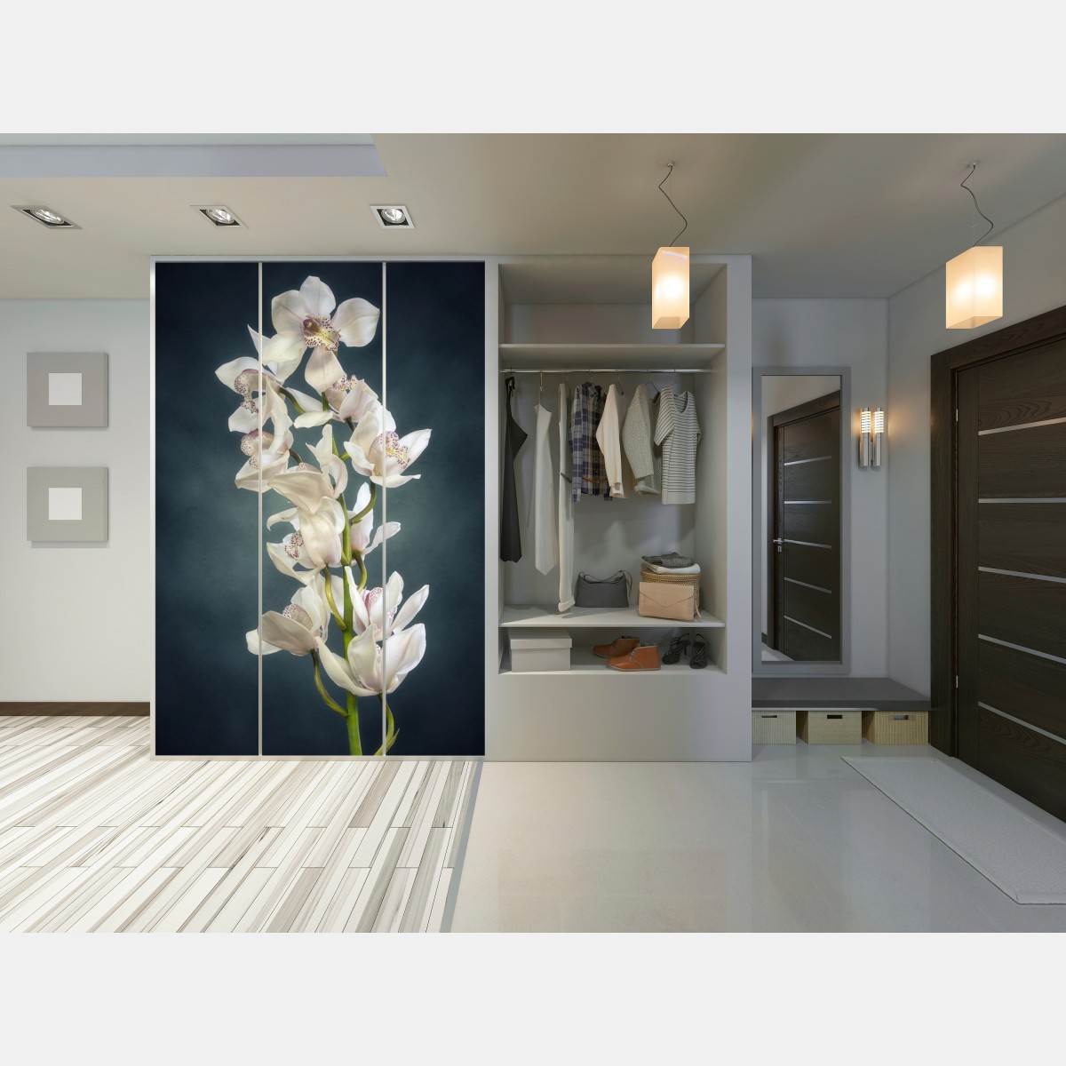 Naklejka na szafę delikatne białe storczyki na stonowanym tle – Wallissimo® Naklejka na szafę delikatne białe storczyki na stonowanym tle – Wallissimo®