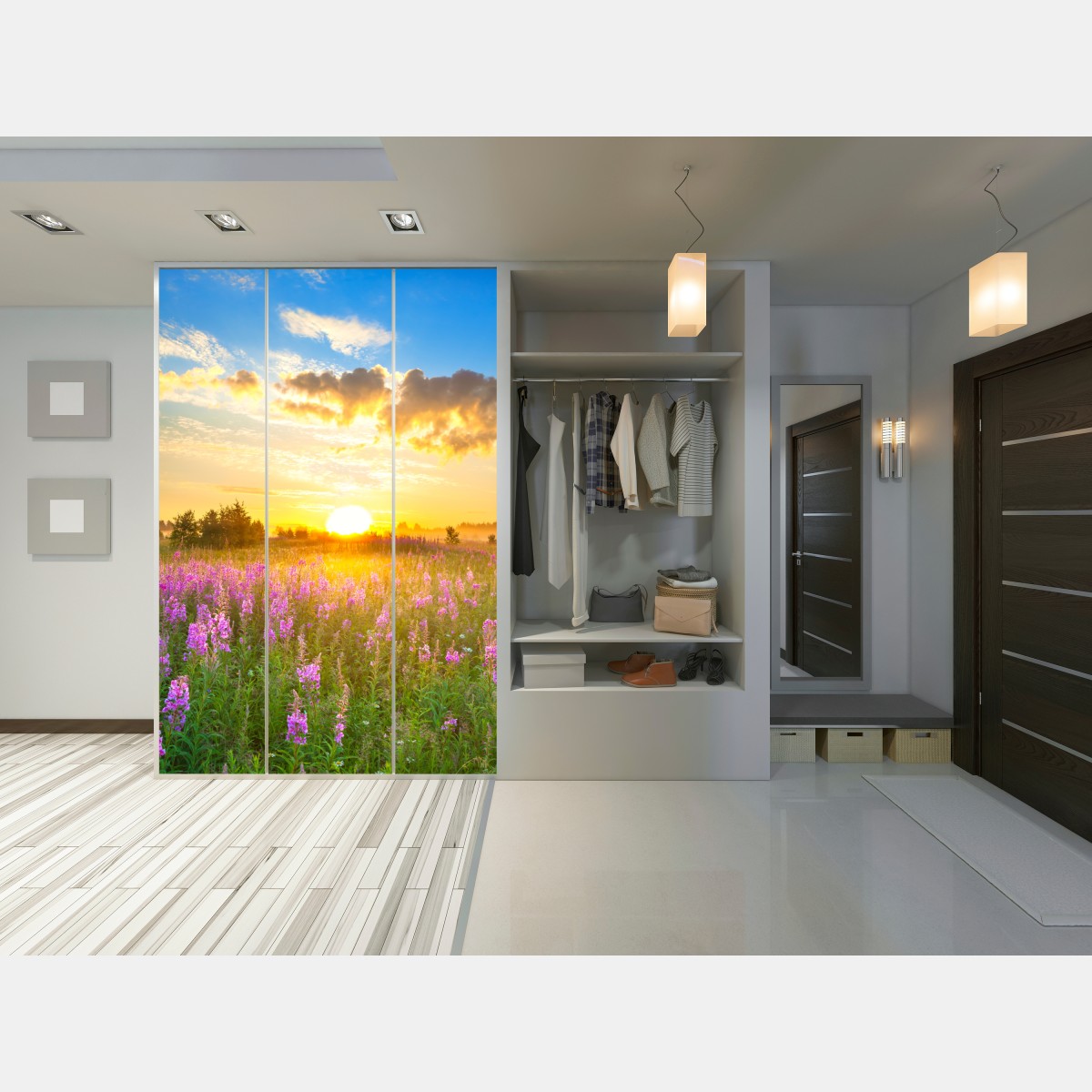 Naklejka na szafę wschód słońca nad łąką pełną fioletowych kwiatów – Wallissimo® Naklejka na szafę wschód słońca nad łąką pełną fioletowych kwiatów – Wallissimo®