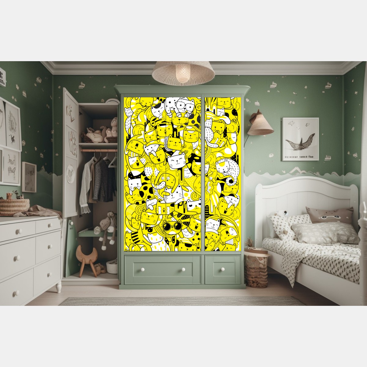 Naklejka na szafę zabawna żółta mozaika kotów – Wallissimo® Naklejka na szafę zabawna żółta mozaika kotów – Wallissimo®