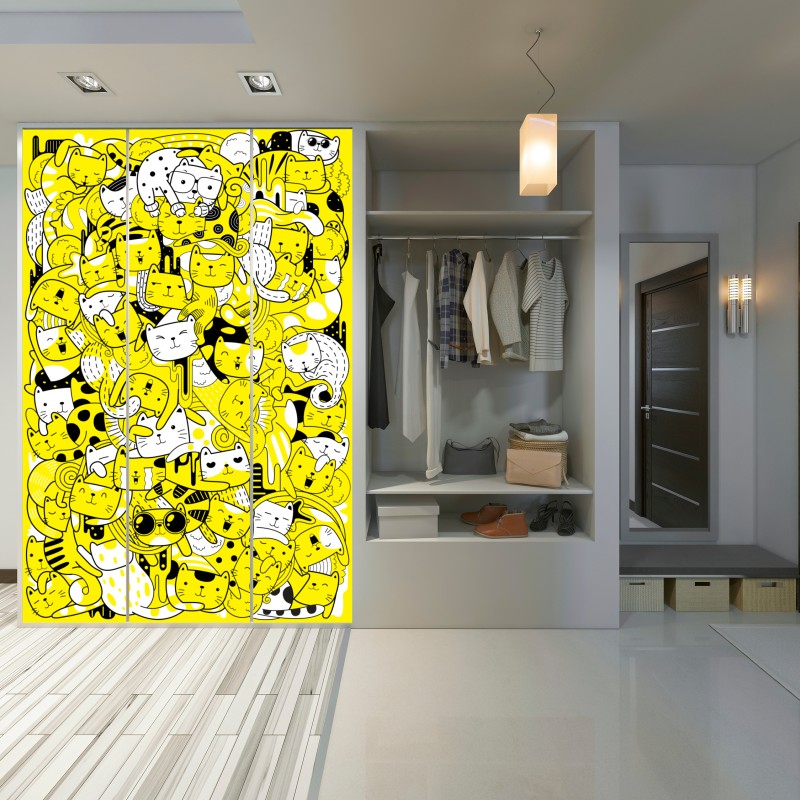 Naklejka na szafę zabawna żółta mozaika kotów – Wallissimo® Naklejka na szafę zabawna żółta mozaika kotów – Wallissimo®