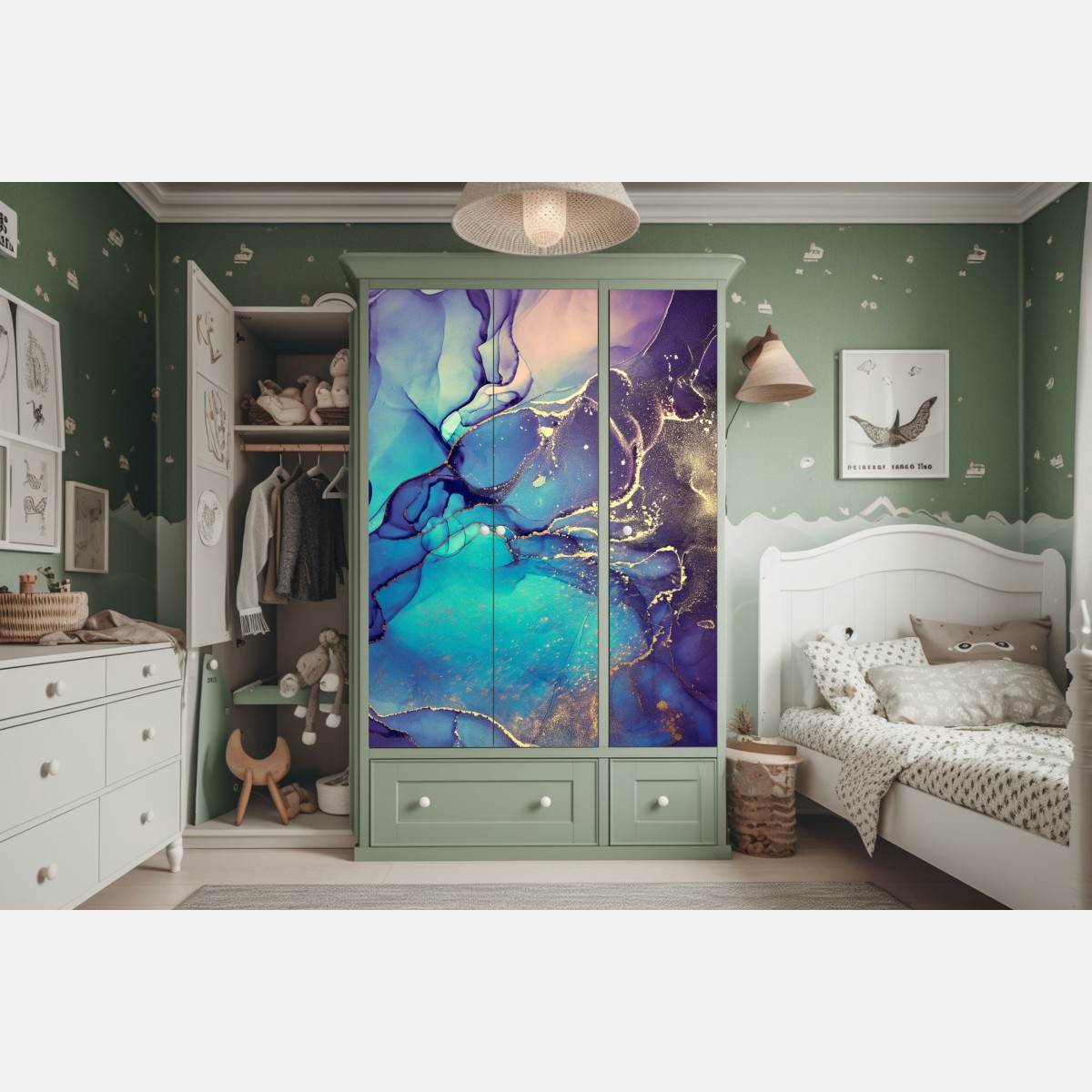 Naklejka na szafę turkusowo-złota płynna marmurkowa abstrakcja – Wallissimo® Naklejka na szafę turkusowo-złota płynna marmurkowa abstrakcja – Wallissimo®