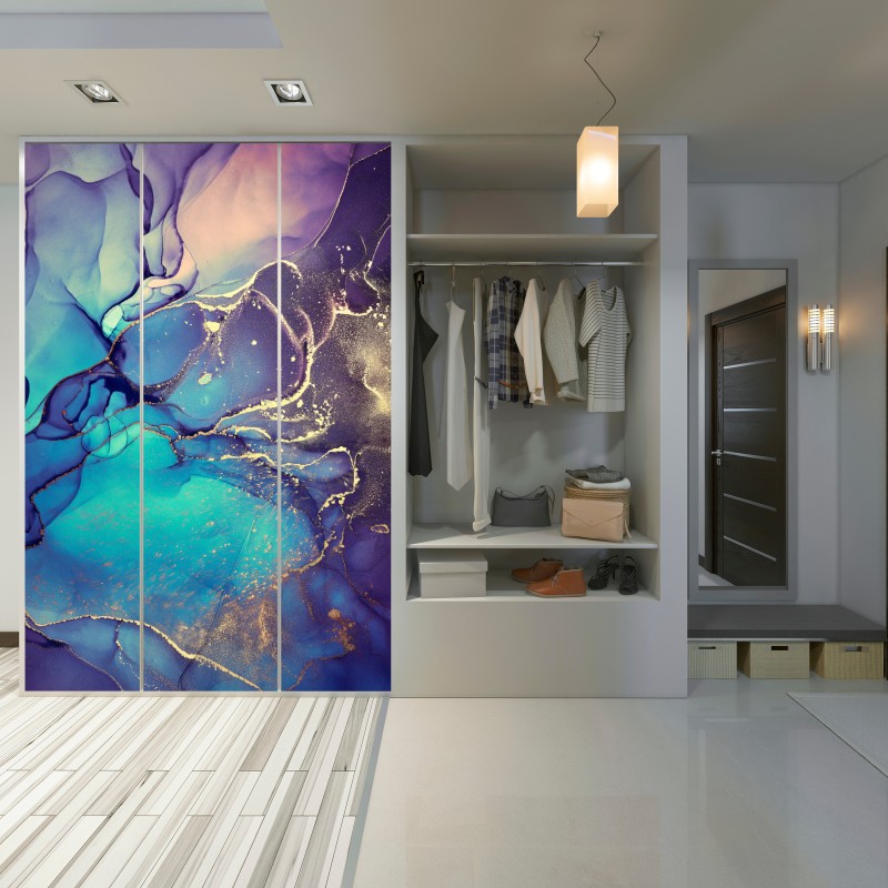 Naklejka na szafę turkusowo-złota płynna marmurkowa abstrakcja – Wallissimo® Naklejka na szafę turkusowo-złota płynna marmurkowa abstrakcja – Wallissimo®