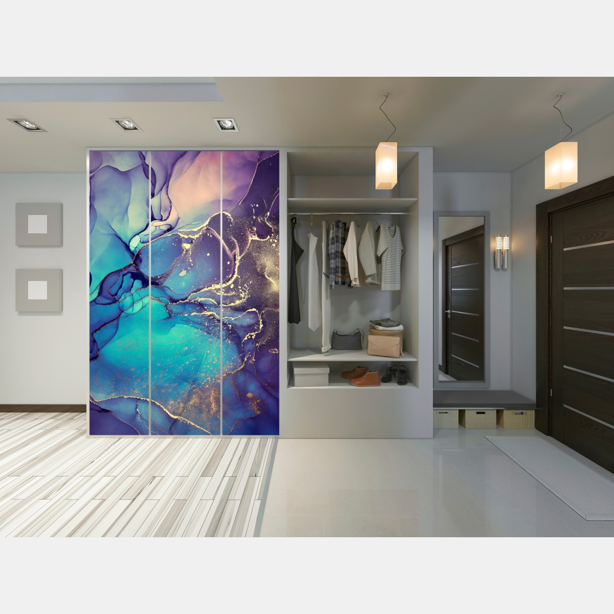 Naklejka na szafę turkusowo-złota płynna marmurkowa abstrakcja – Wallissimo® Naklejka na szafę turkusowo-złota płynna marmurkowa abstrakcja – Wallissimo®