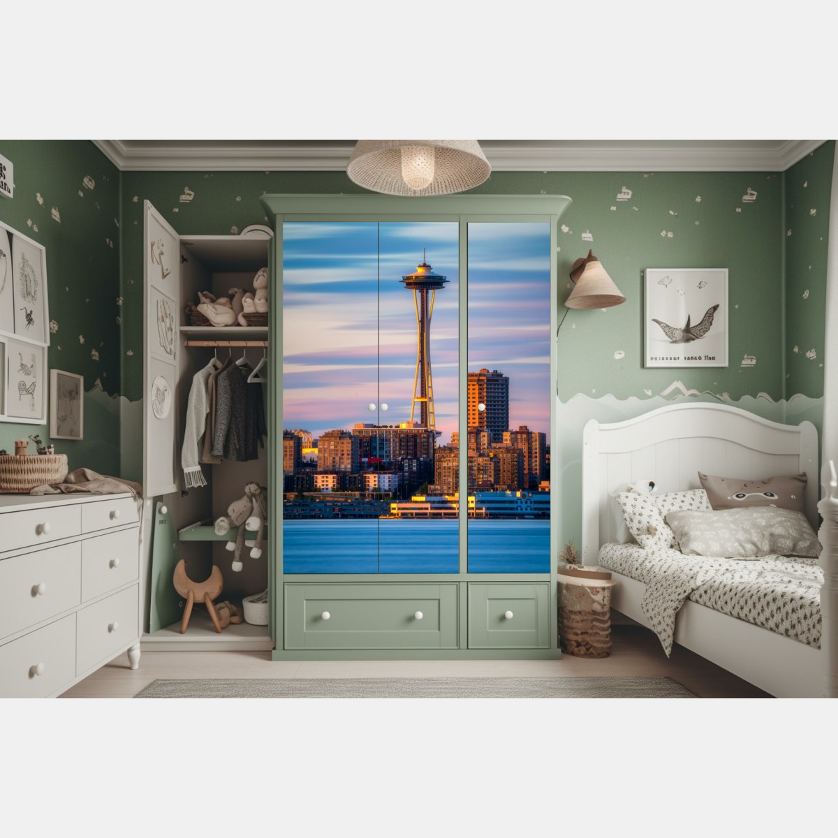 Naklejka na szafę panorama Seattle ze Space Needle o zachodzie słońca – Wallissimo® Naklejka na szafę panorama Seattle ze Space Needle o zachodzie słońca – Wallissimo®