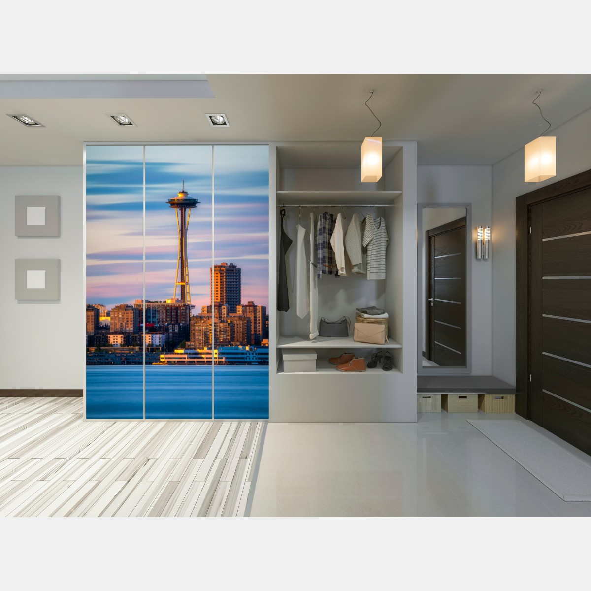 Naklejka na szafę panorama Seattle ze Space Needle o zachodzie słońca – Wallissimo® Naklejka na szafę panorama Seattle ze Space Needle o zachodzie słońca – Wallissimo®