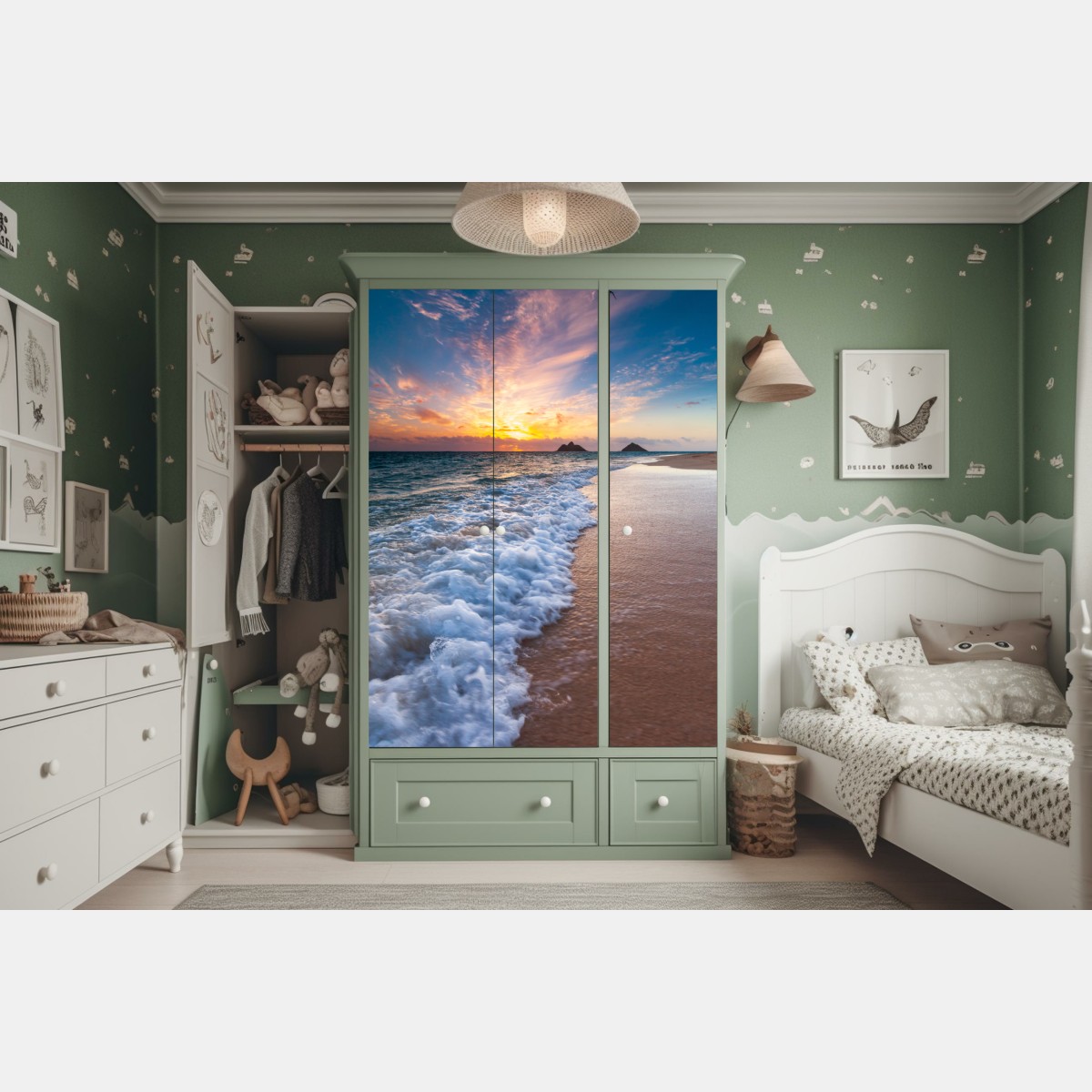 Naklejka na szafę spokojny wschód słońca nad brzegiem oceanu – Wallissimo® Naklejka na szafę spokojny wschód słońca nad brzegiem oceanu – Wallissimo®