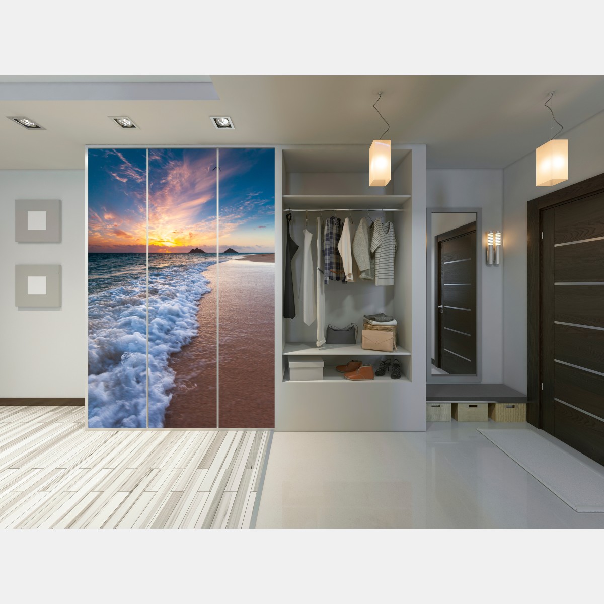 Naklejka na szafę spokojny wschód słońca nad brzegiem oceanu – Wallissimo® Naklejka na szafę spokojny wschód słońca nad brzegiem oceanu – Wallissimo®