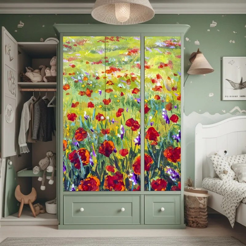 Naklejka na szafę impresjonistyczna łąka z makami – Wallissimo® Naklejka na szafę impresjonistyczna łąka z makami – Wallissimo®