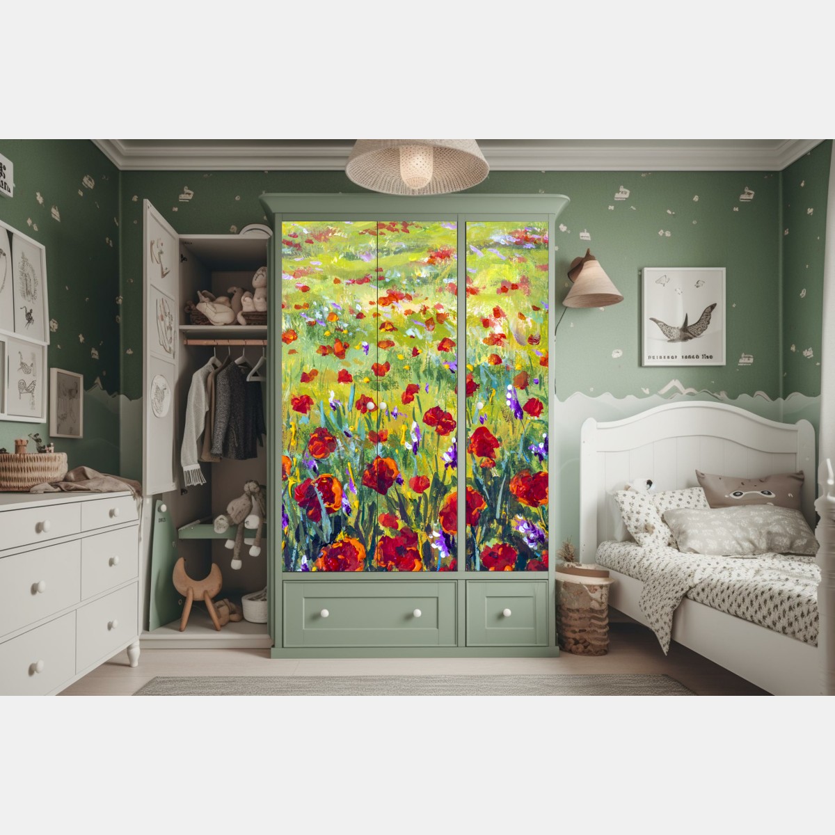 Naklejka na szafę impresjonistyczna łąka z makami – Wallissimo® Naklejka na szafę impresjonistyczna łąka z makami – Wallissimo®