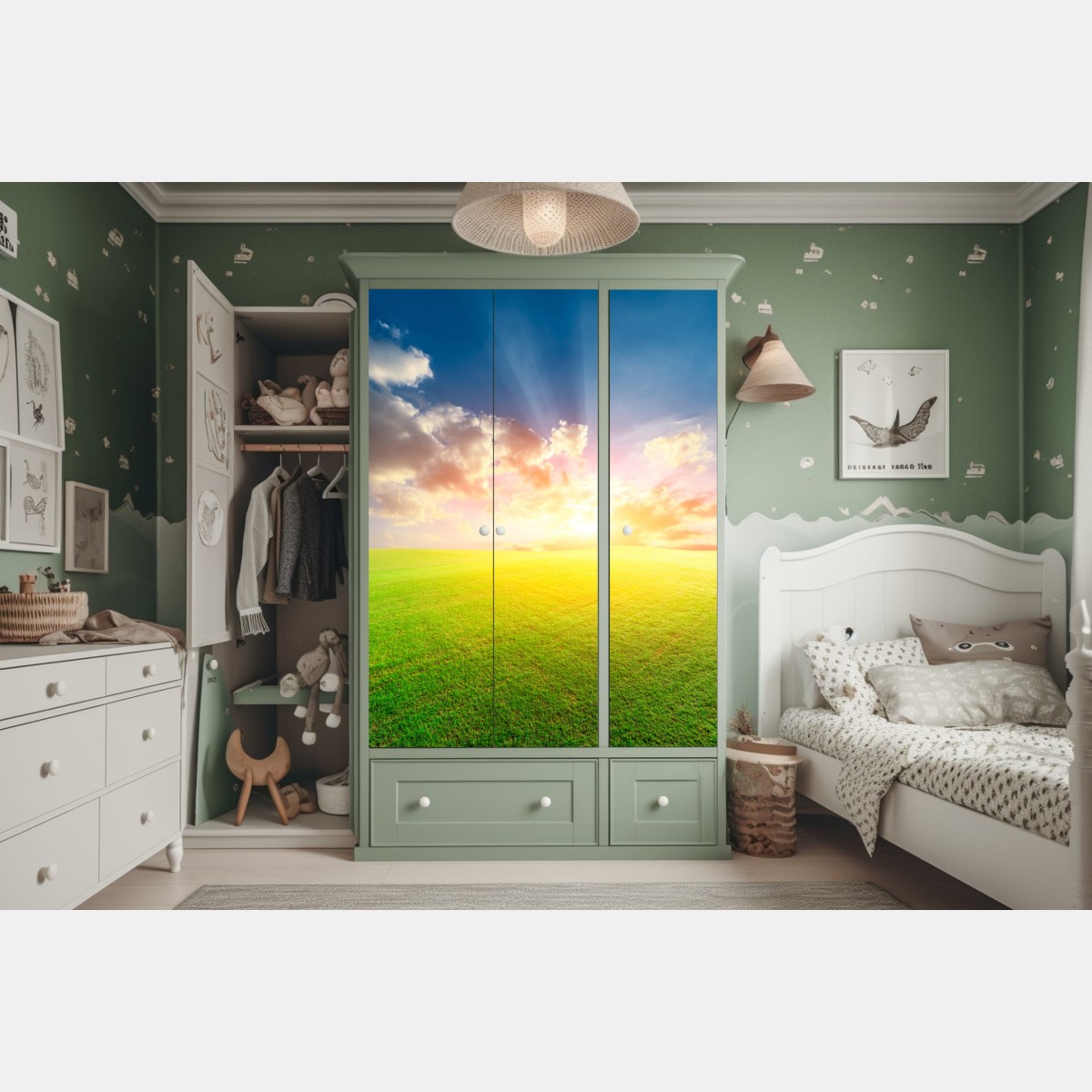 Naklejka na szafę słoneczna łąka o zmierzchu – Wallissimo® Naklejka na szafę słoneczna łąka o zmierzchu – Wallissimo®