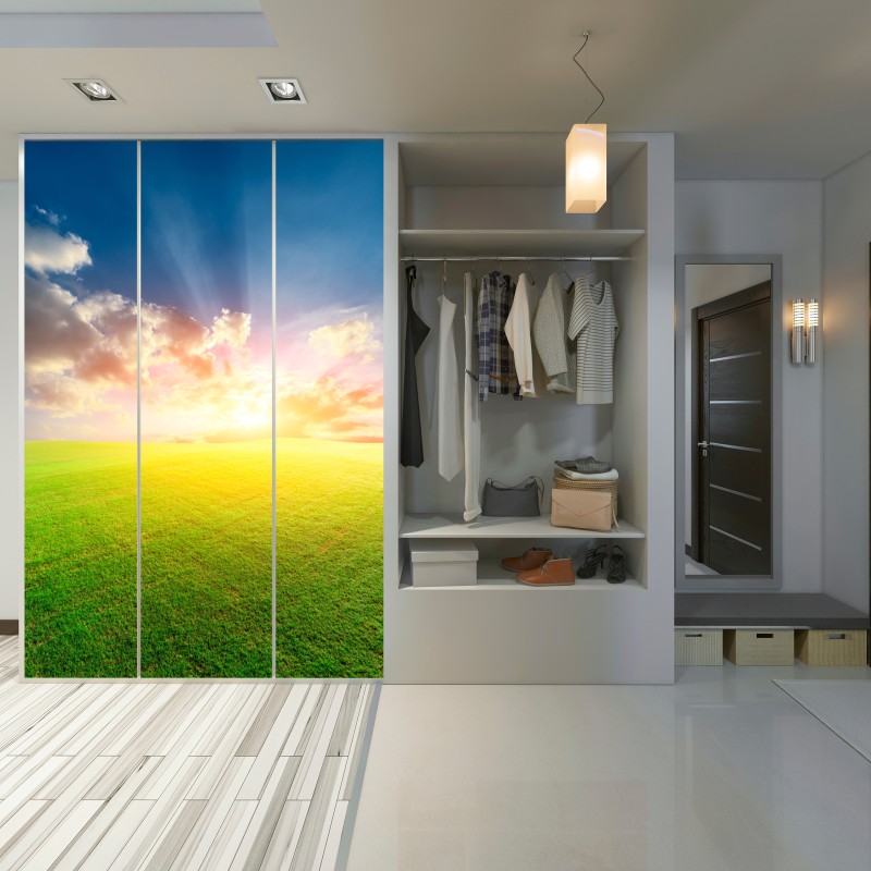 Naklejka na szafę słoneczna łąka o zmierzchu – Wallissimo® Naklejka na szafę słoneczna łąka o zmierzchu – Wallissimo®