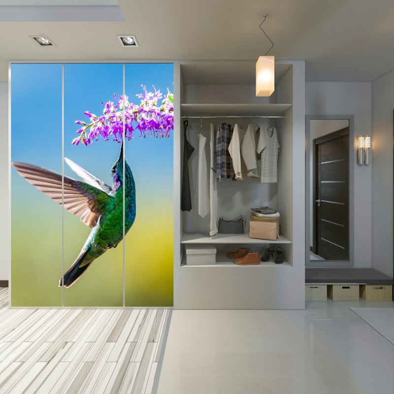 Naklejka na szafę koliber przy fioletowym kwiecie – Wallissimo® Naklejka na szafę koliber przy fioletowym kwiecie – Wallissimo®