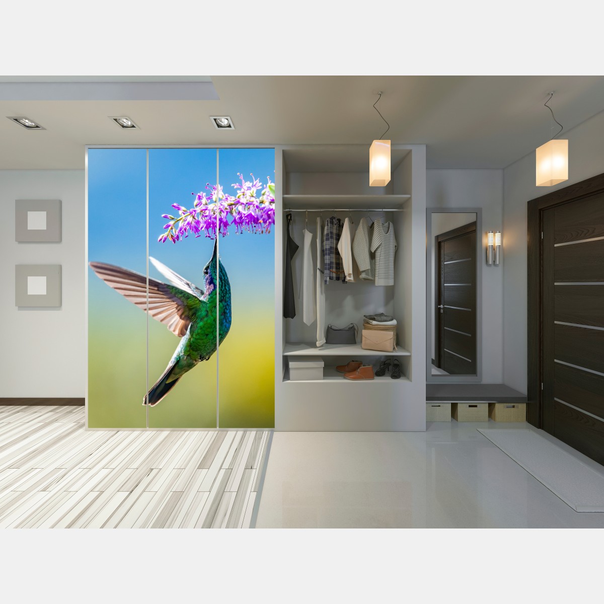 Naklejka na szafę koliber przy fioletowym kwiecie – Wallissimo® Naklejka na szafę koliber przy fioletowym kwiecie – Wallissimo®