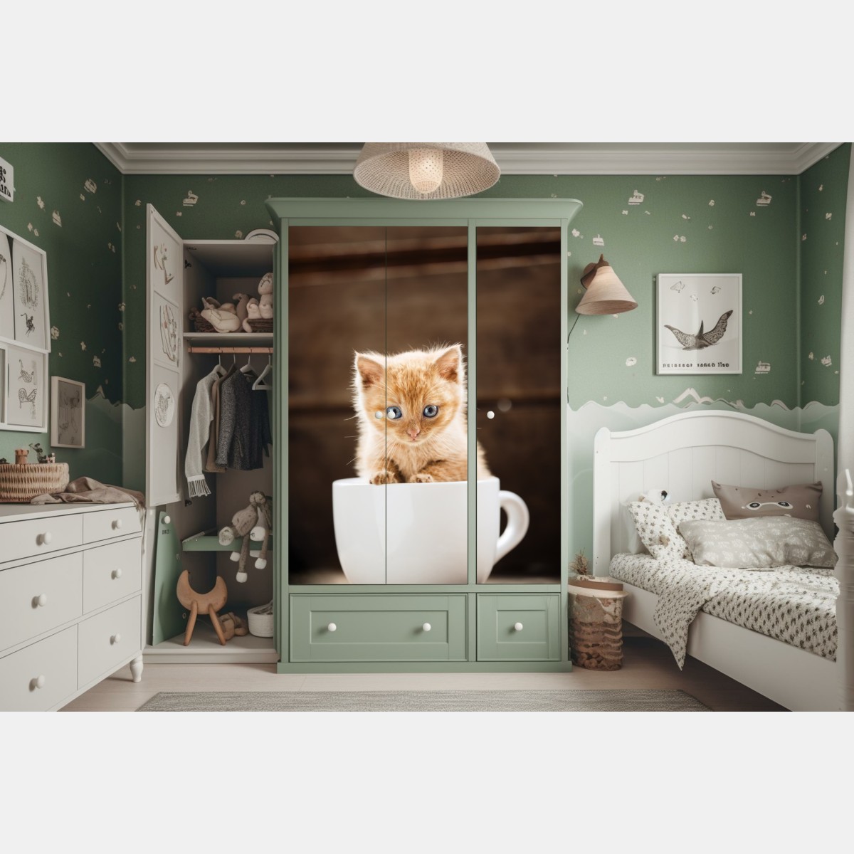 Naklejka na szafę rudy kociak w filiżance – Wallissimo® Naklejka na szafę rudy kociak w filiżance – Wallissimo®