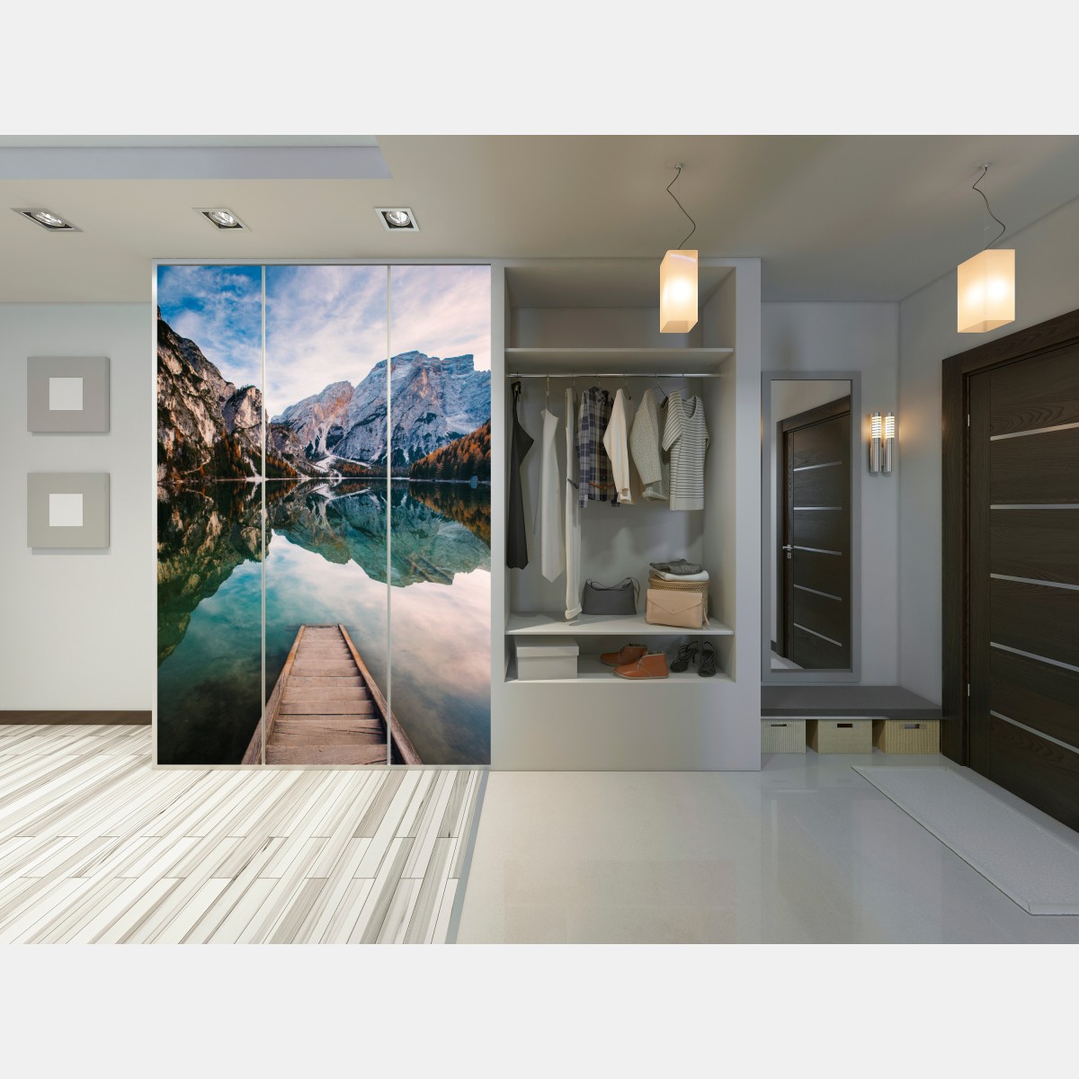 Naklejka na szafę spokojne alpejskie jezioro z drewnianym pomostem – Wallissimo® Naklejka na szafę spokojne alpejskie jezioro z drewnianym pomostem – Wallissimo®