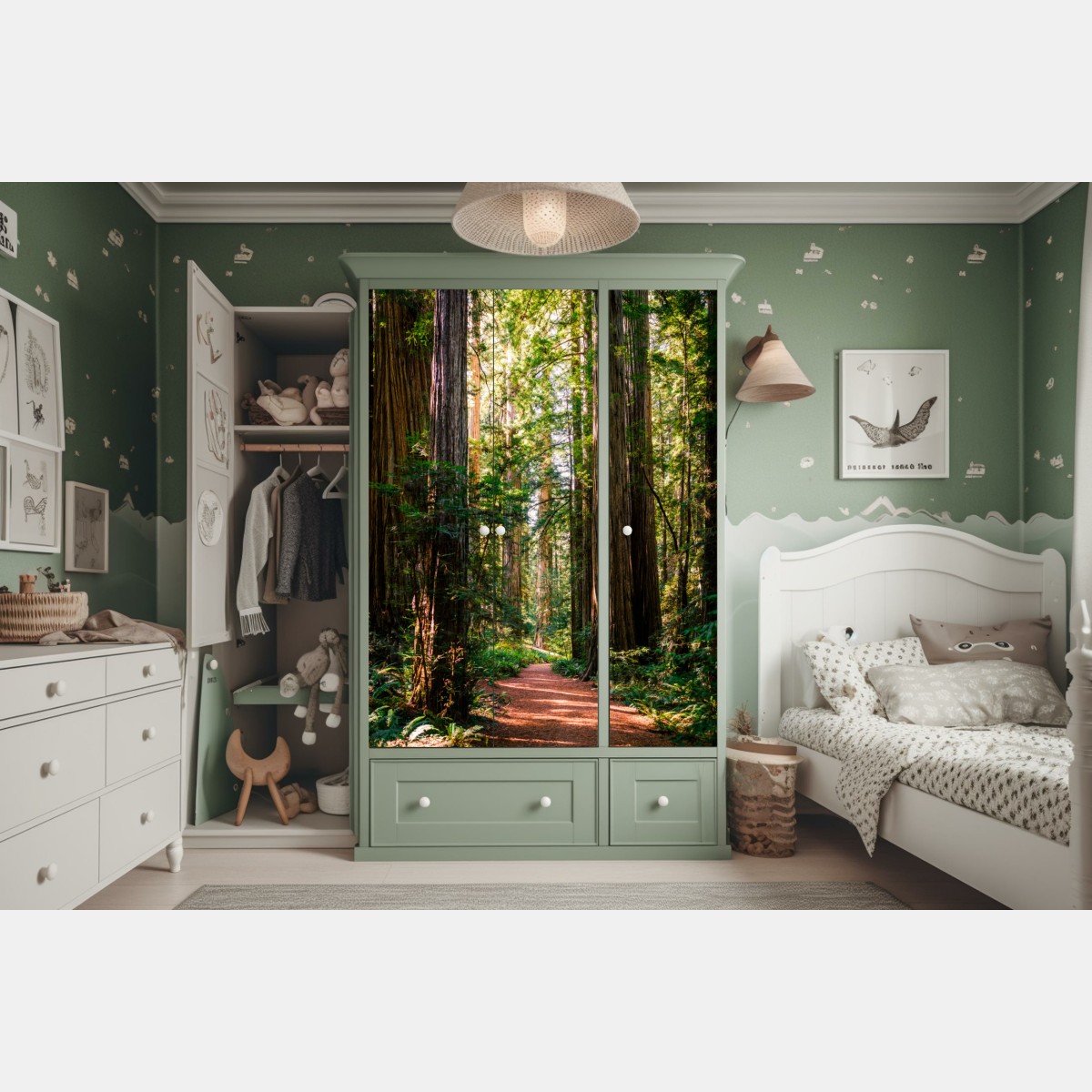 Naklejka na szafę majestatyczna ścieżka w lesie sekwoi – Wallissimo® Naklejka na szafę majestatyczna ścieżka w lesie sekwoi – Wallissimo®
