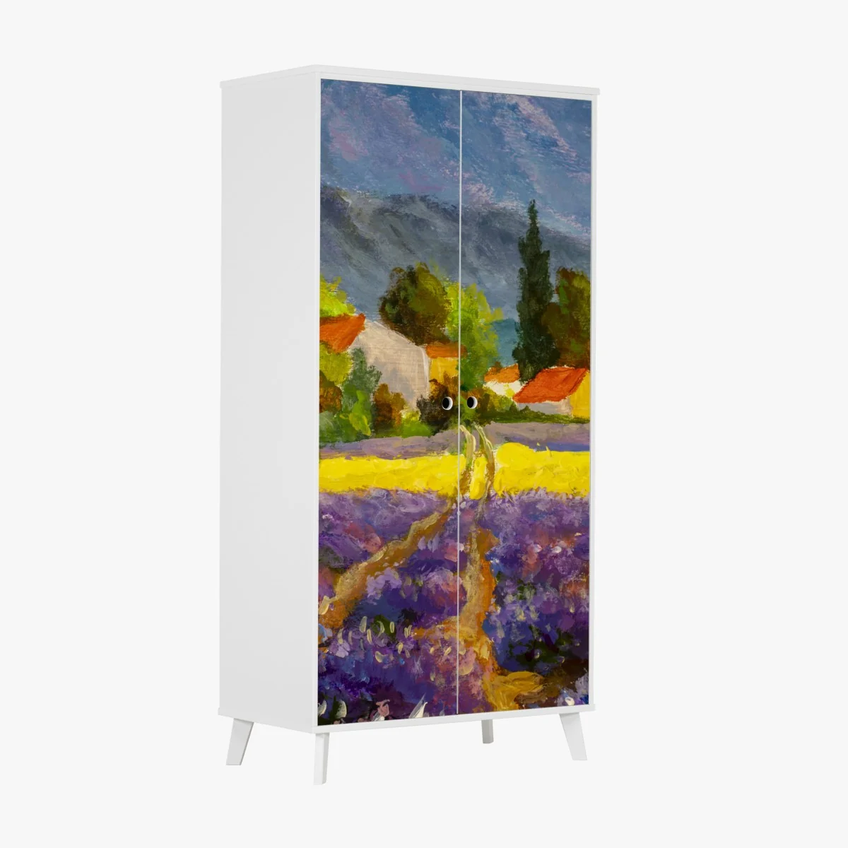 Naklejka na szafę lawendowe pola o zachodzie słońca – Wallissimo® Naklejka na szafę lawendowe pola o zachodzie słońca – Wallissimo®