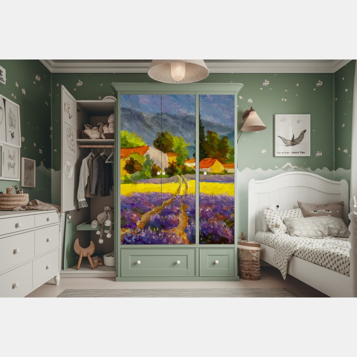 Naklejka na szafę lawendowe pola o zachodzie słońca – Wallissimo® Naklejka na szafę lawendowe pola o zachodzie słońca – Wallissimo®