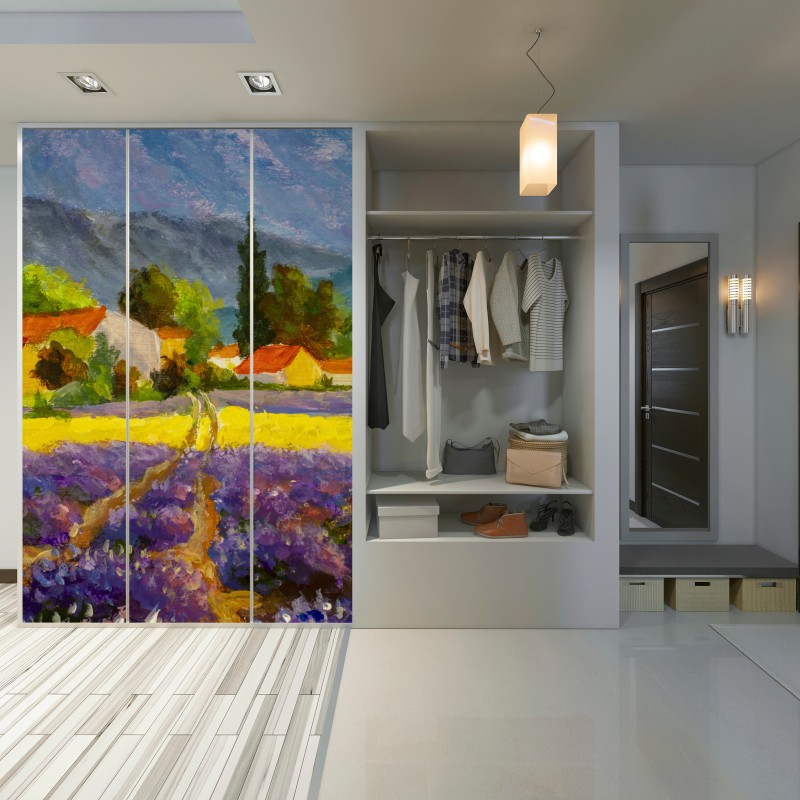 Naklejka na szafę lawendowe pola o zachodzie słońca – Wallissimo® Naklejka na szafę lawendowe pola o zachodzie słońca – Wallissimo®