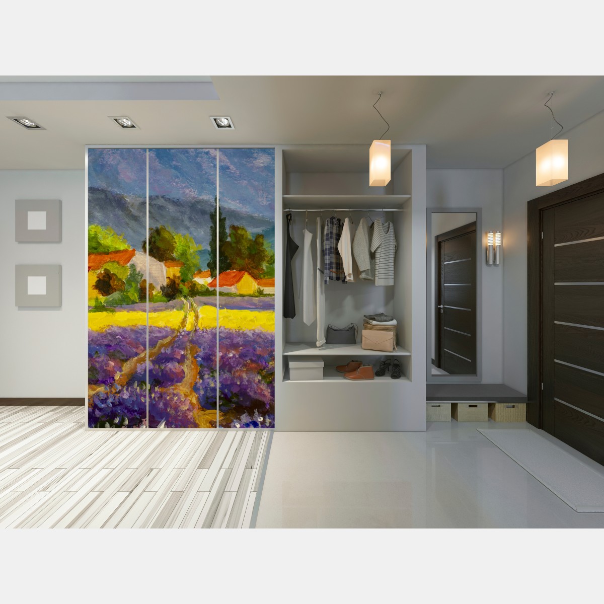 Naklejka na szafę lawendowe pola o zachodzie słońca – Wallissimo® Naklejka na szafę lawendowe pola o zachodzie słońca – Wallissimo®