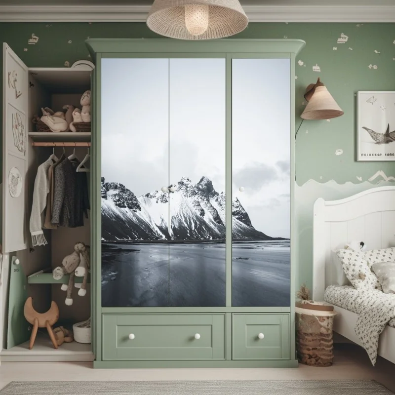 Naklejka na szafę spokojny ośnieżony krajobraz górski nad morzem – Wallissimo® Naklejka na szafę spokojny ośnieżony krajobraz górski nad morzem – Wallissimo®