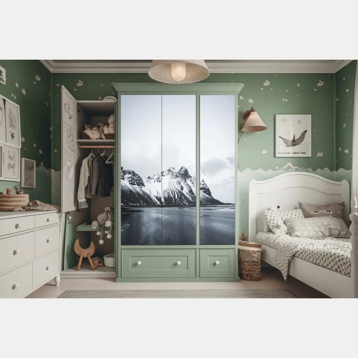 Naklejka na szafę spokojny ośnieżony krajobraz górski nad morzem – Wallissimo® Naklejka na szafę spokojny ośnieżony krajobraz górski nad morzem – Wallissimo®