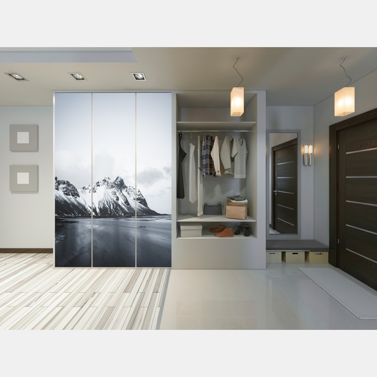 Naklejka na szafę spokojny ośnieżony krajobraz górski nad morzem – Wallissimo® Naklejka na szafę spokojny ośnieżony krajobraz górski nad morzem – Wallissimo®