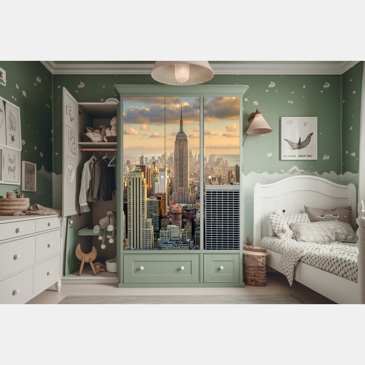 Naklejka na szafę panorama Nowego Jorku o zachodzie słońca – Wallissimo® Naklejka na szafę panorama Nowego Jorku o zachodzie słońca – Wallissimo®