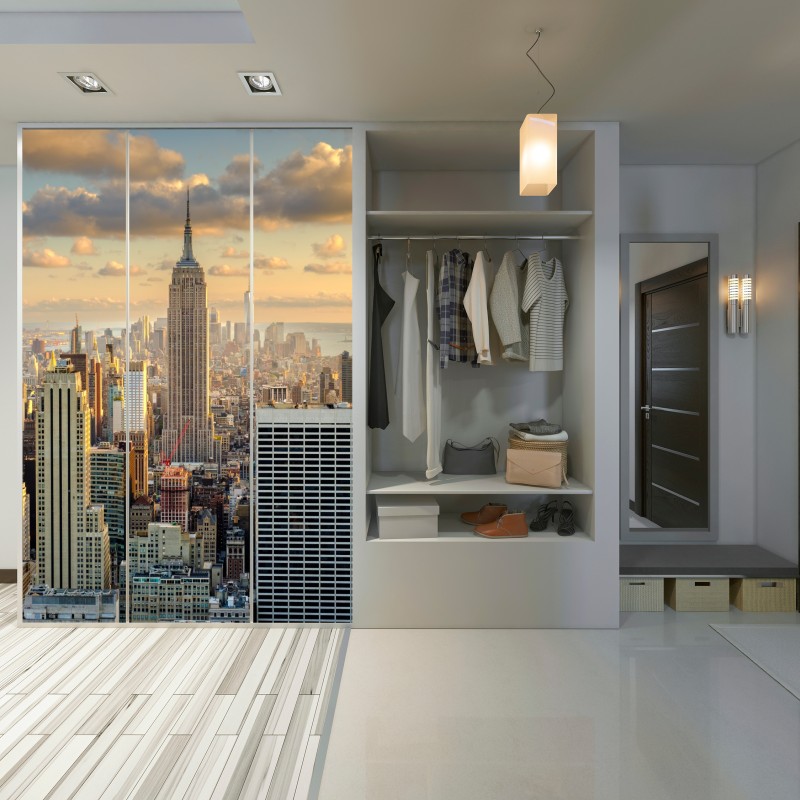 Naklejka na szafę panorama Nowego Jorku o zachodzie słońca – Wallissimo® Naklejka na szafę panorama Nowego Jorku o zachodzie słońca – Wallissimo®