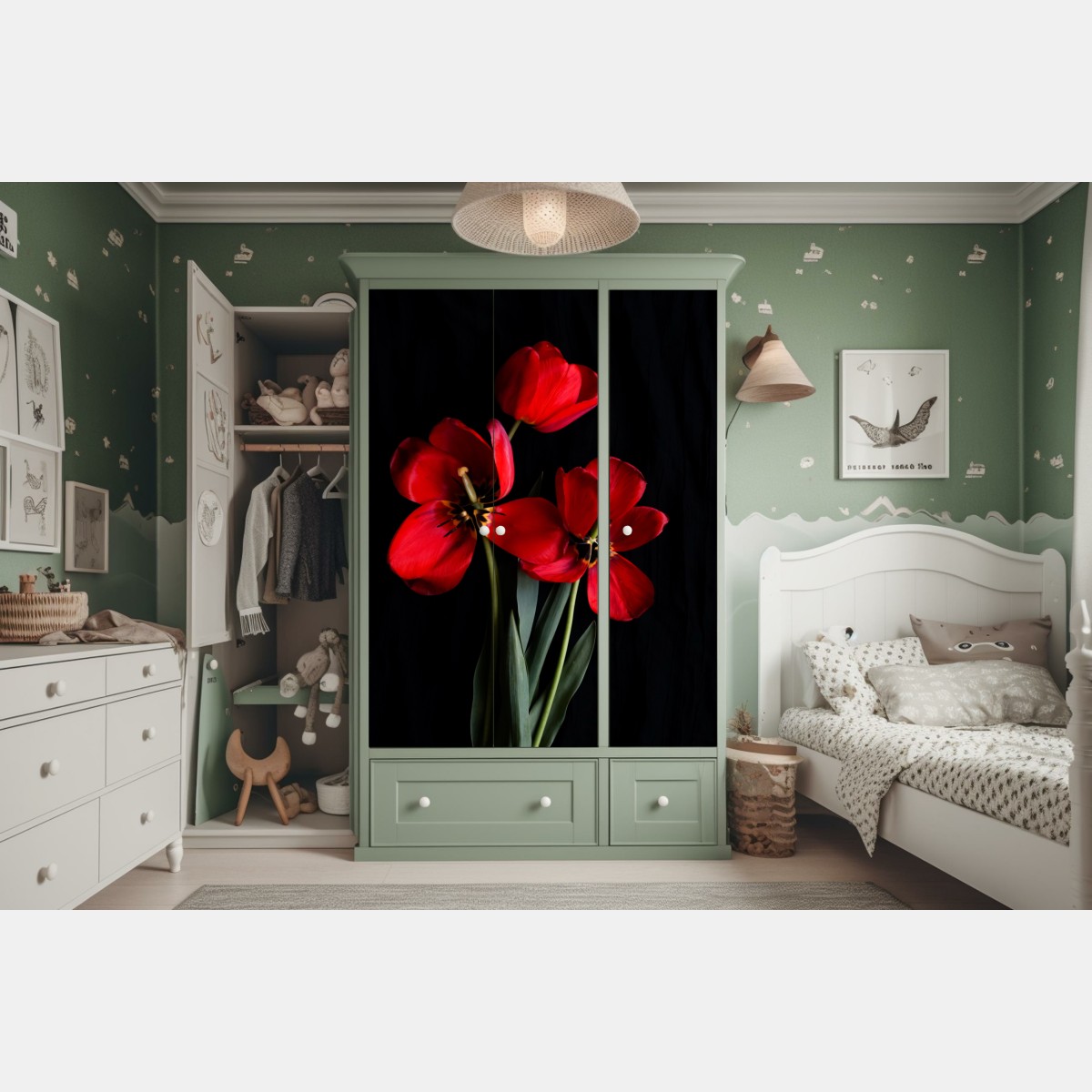 Naklejka na szafę trzy czerwone tulipany na czarnym tle – Wallissimo® Naklejka na szafę trzy czerwone tulipany na czarnym tle – Wallissimo®
