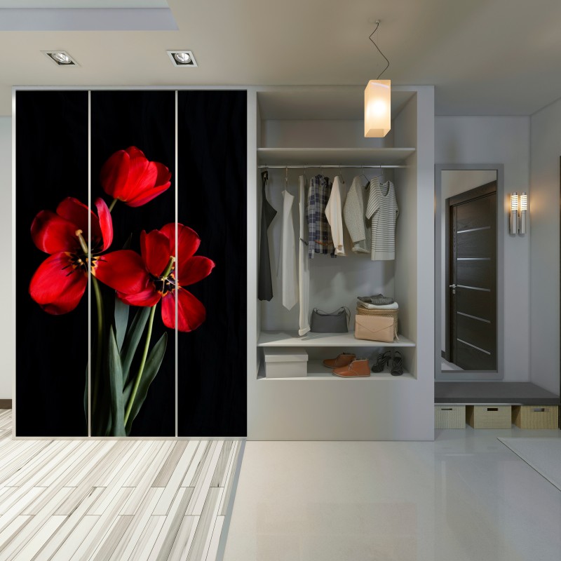 Naklejka na szafę trzy czerwone tulipany na czarnym tle – Wallissimo® Naklejka na szafę trzy czerwone tulipany na czarnym tle – Wallissimo®