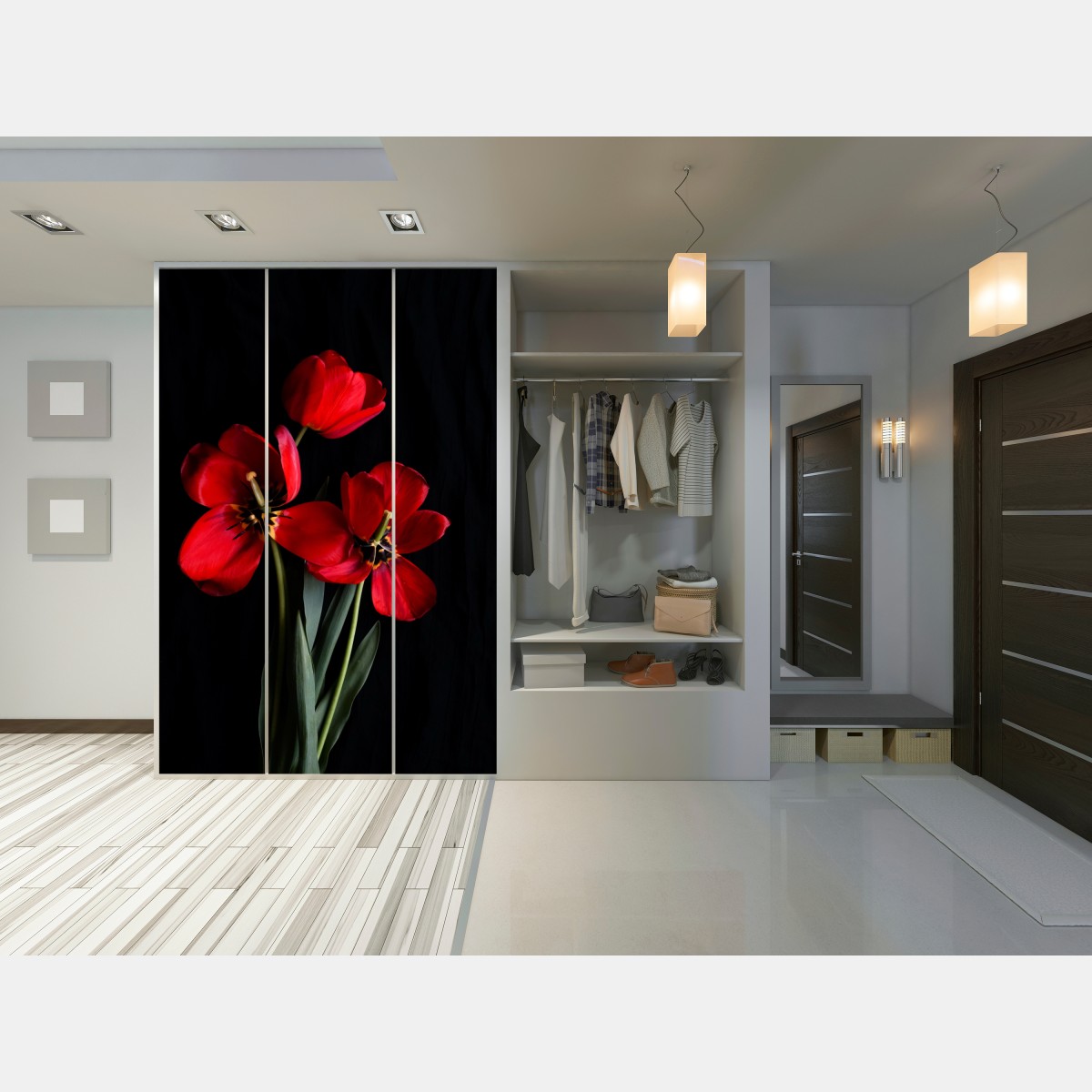 Naklejka na szafę trzy czerwone tulipany na czarnym tle – Wallissimo® Naklejka na szafę trzy czerwone tulipany na czarnym tle – Wallissimo®