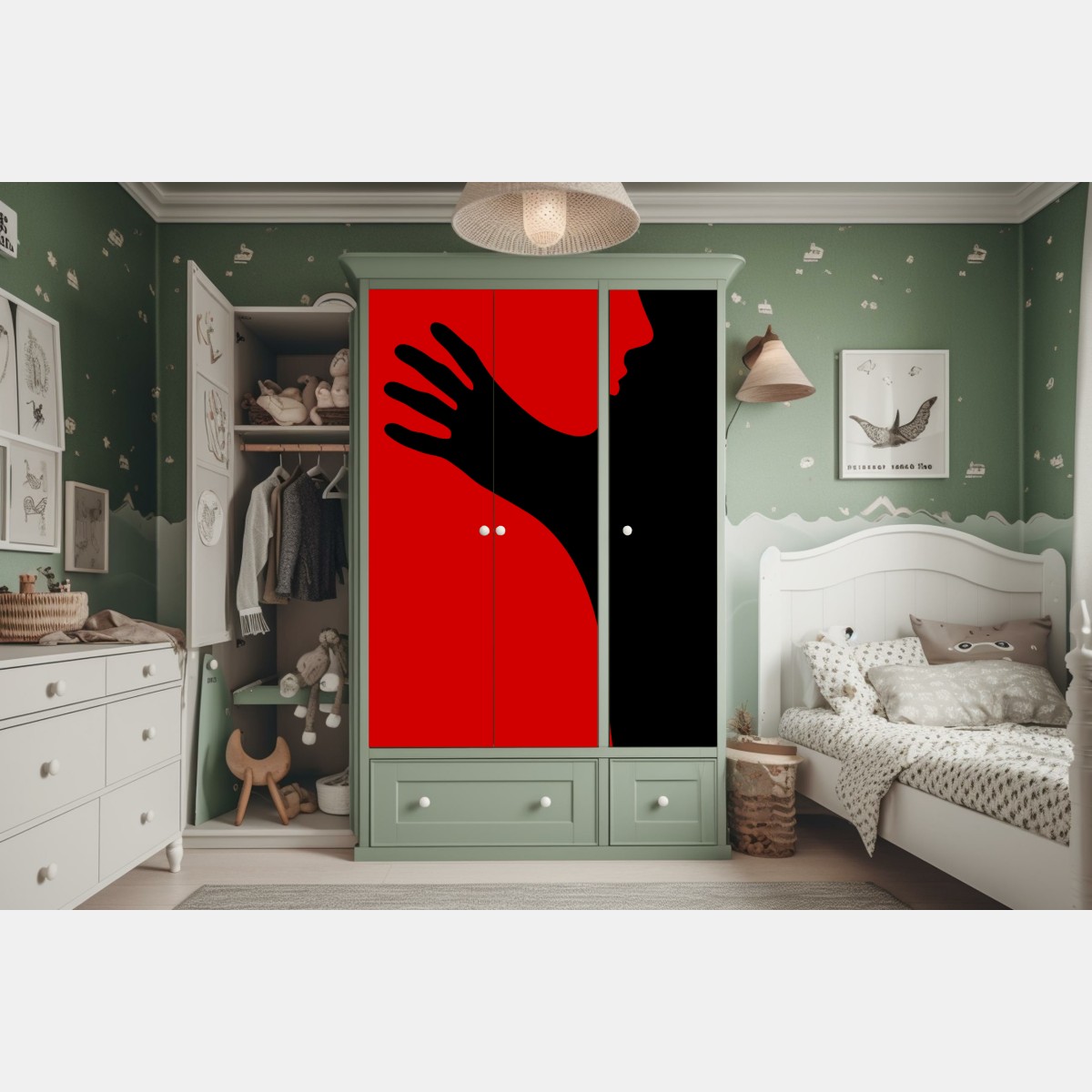 Naklejka na szafę odważna czerwono-czarna sylwetka – Wallissimo® Naklejka na szafę odważna czerwono-czarna sylwetka – Wallissimo®