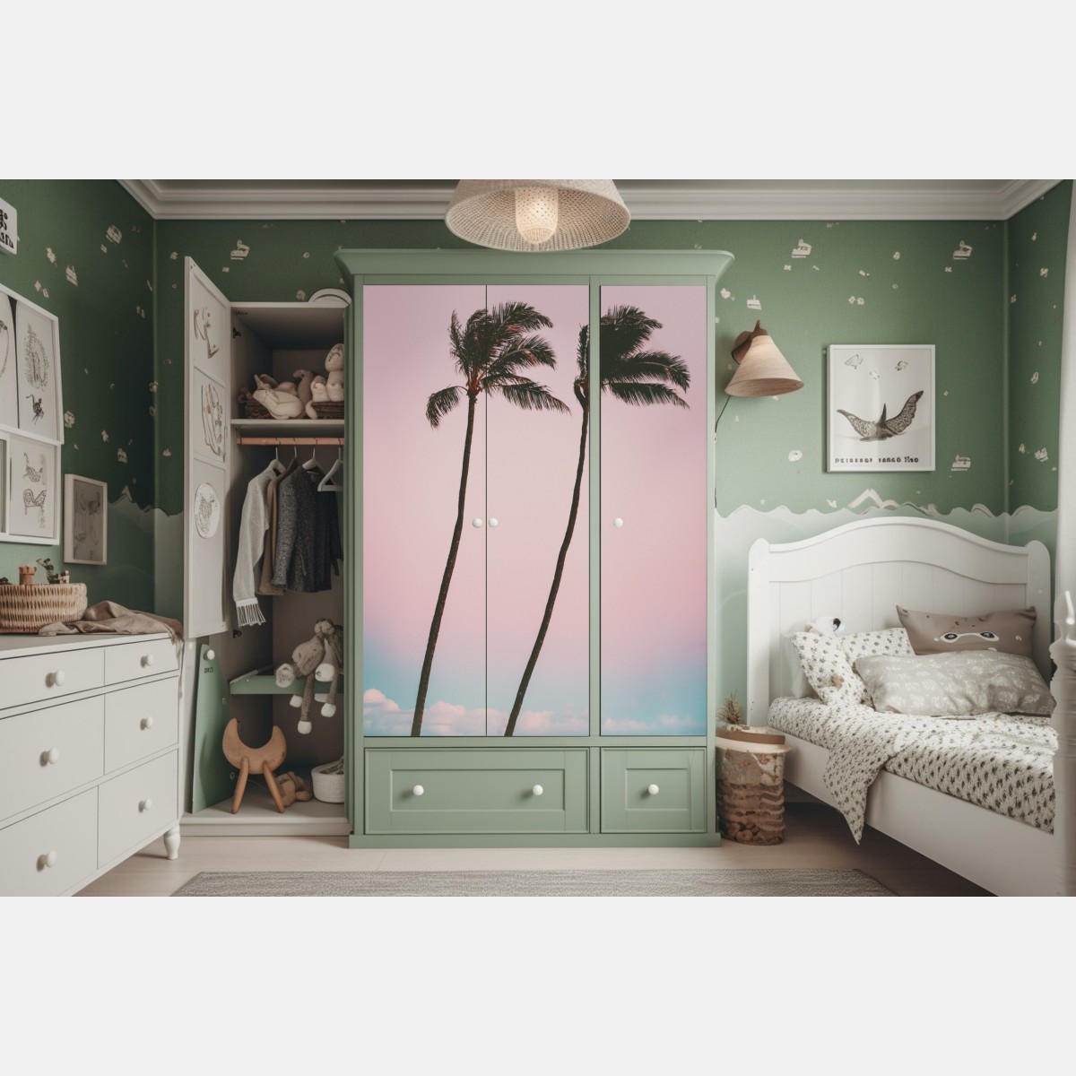 Naklejka na szafę pastelowe palmy o zmierzchu – Wallissimo® Naklejka na szafę pastelowe palmy o zmierzchu – Wallissimo®